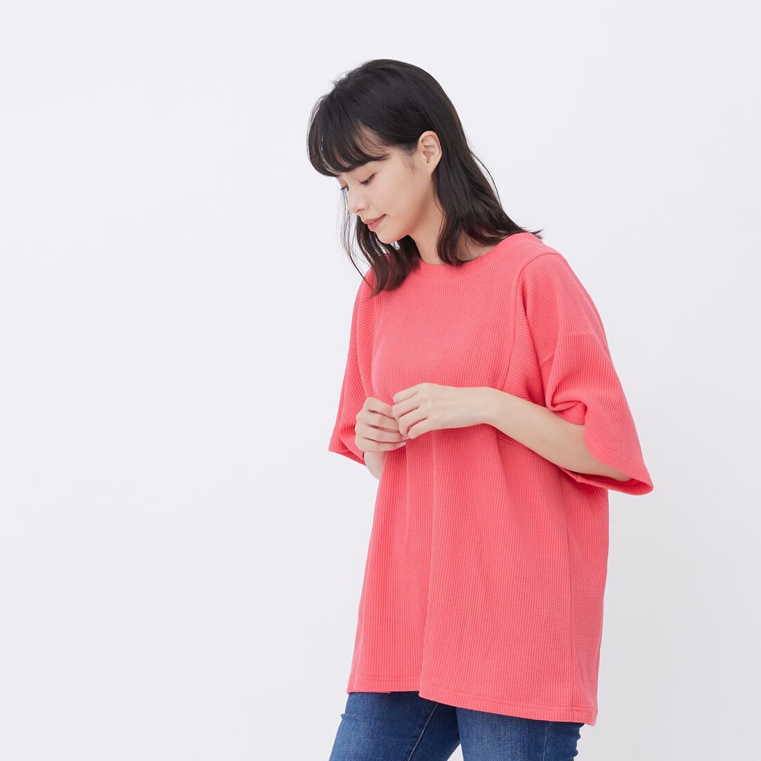 鬆餅布大方袖寬版上衣/西瓜紅