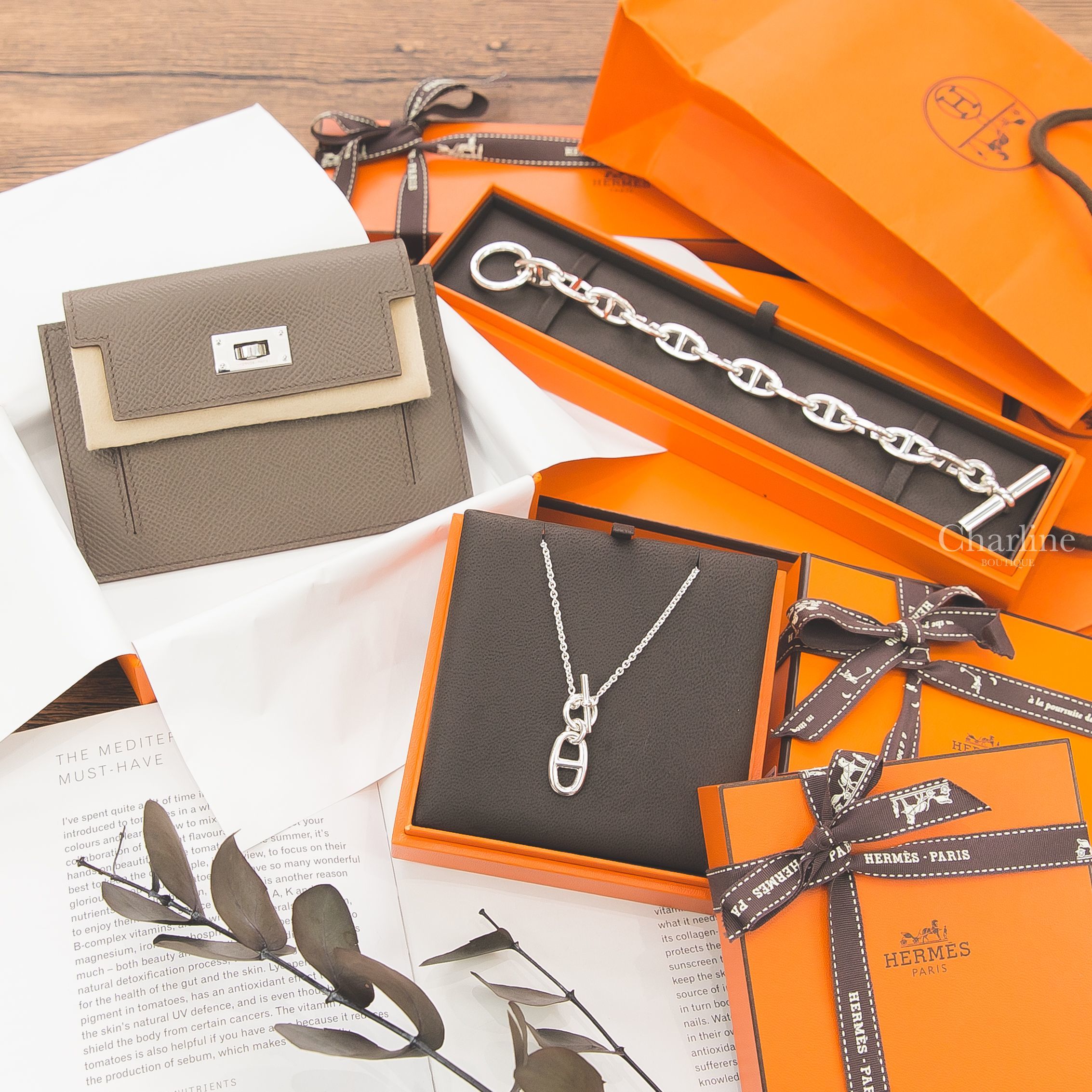 Hermès Chaine D'ancre Bracelet 銀色θ手鍊,Hermès Chaine D'ancre Pendant 銀色θ項鍊,Hermès Kelly Pocket 8F 錫器灰銀釦-Charline Boutique 精品代購