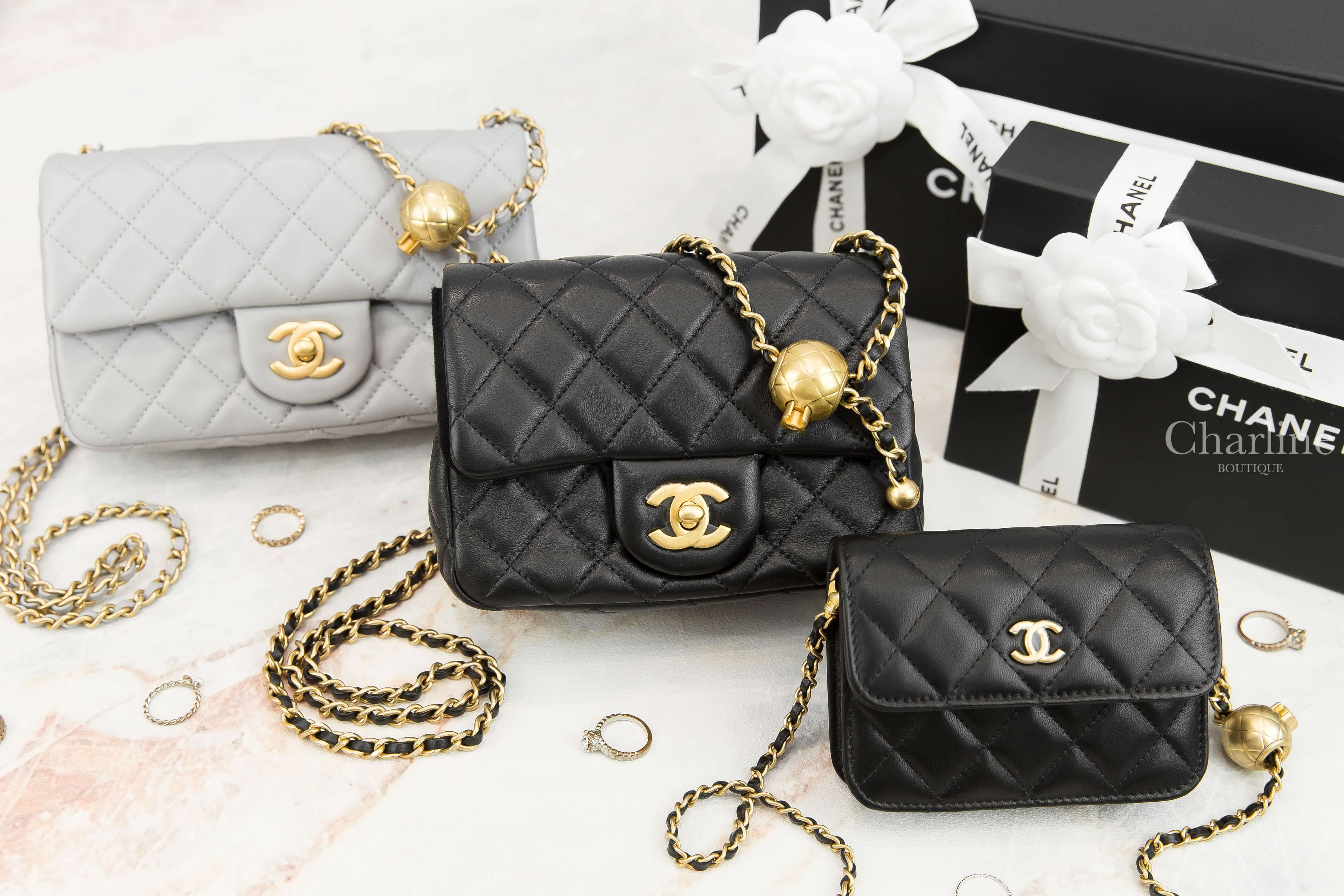 Chanel 黑色金CC金色小珠鍊帶小羊皮菱格紋零錢包,Chanel 黑色金CC金色小珠鍊帶小羊皮菱格紋肩背包,Chanel 灰色金CC金色小珠鍊帶20cm小羊皮菱格紋肩背包-Charline Boutique 精品代購