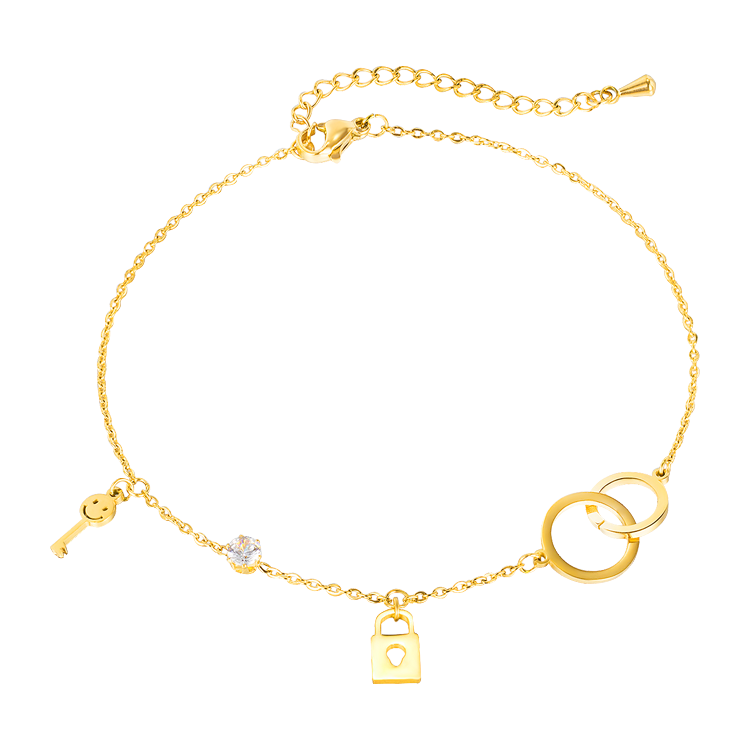 白鋼腳鍊，女士腳鍊 鎖頭鑰匙與雙圓吊牌；解開內心深處的枷鎖（2072金色）