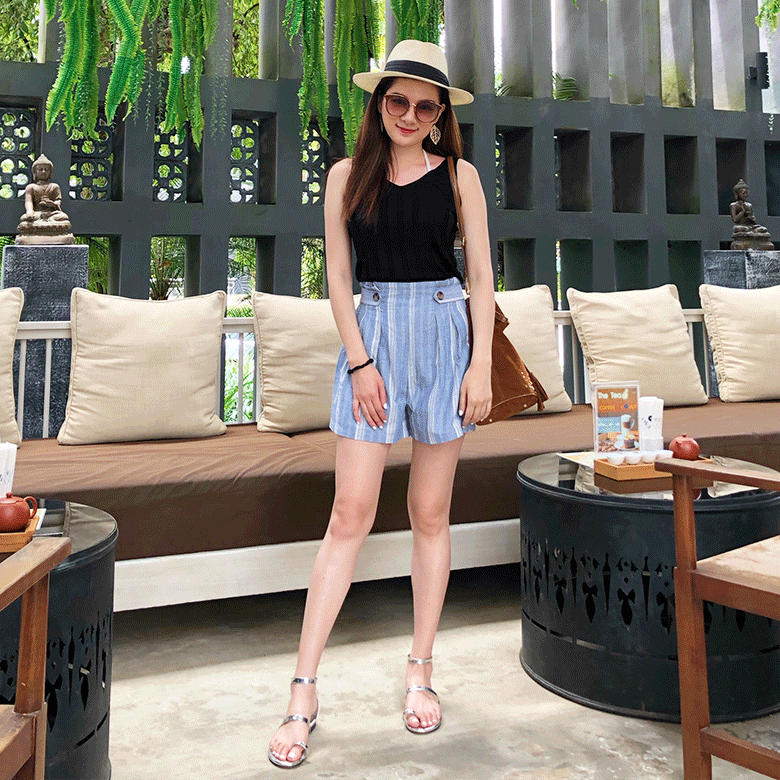 條紋棉麻高腰短褲