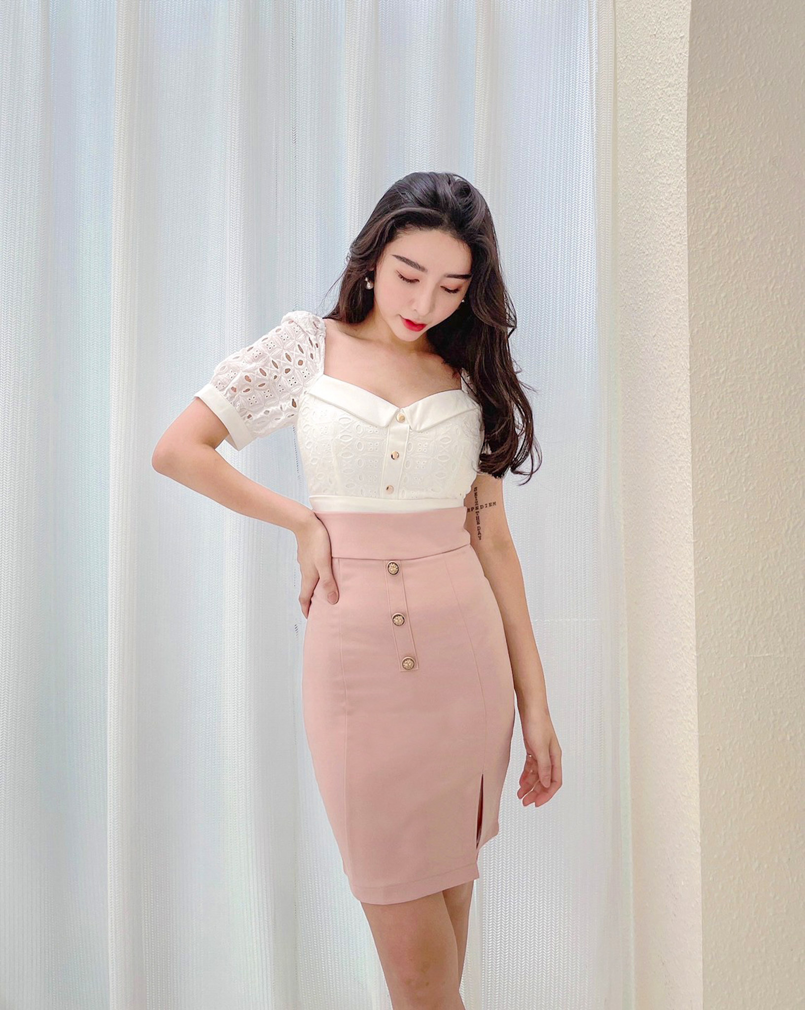 ⭒訂製-質感三釦修身中長裙(3色)