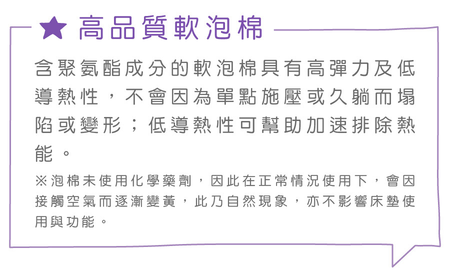 ★ 高品質軟泡棉含聚氨酯成分的軟泡棉具有高彈力及低導熱性,不會因為單點施壓或久躺而塌陷或變形;低導熱性可幫助加速排除熱能。※泡棉使用化學藥劑,因此在正常情況使用下,會因接觸空氣而逐漸變黃,此乃自然現象,亦不影響床墊使用與功能。