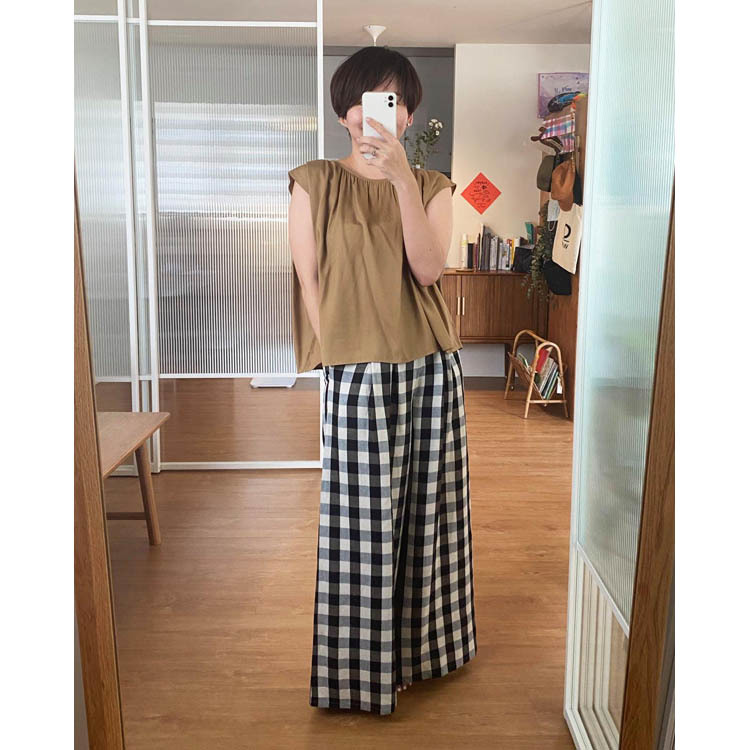 吉爾格子週末寬管長腿褲-藍