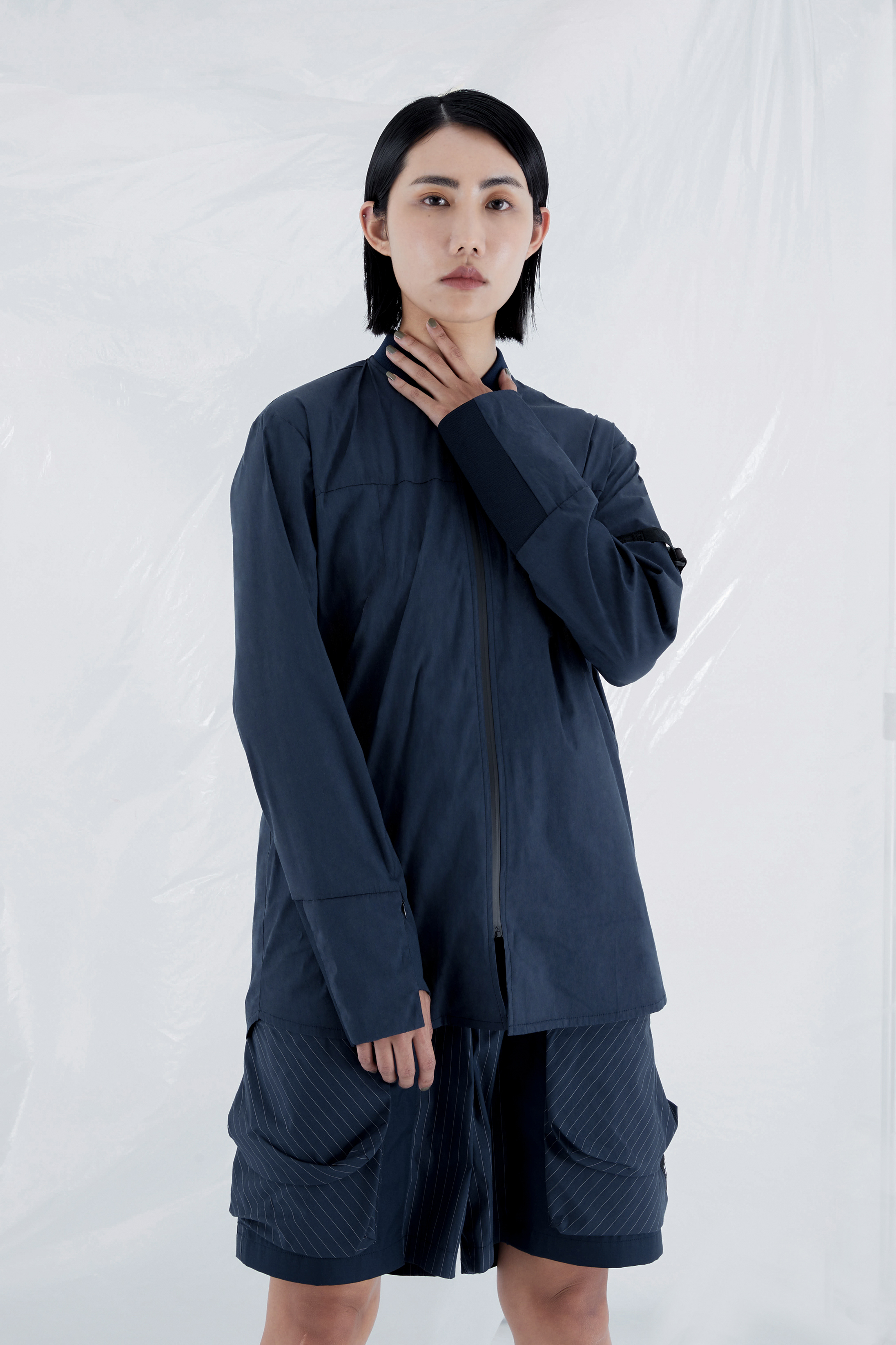 棒球領拉鍊長袖襯衫 - 藍