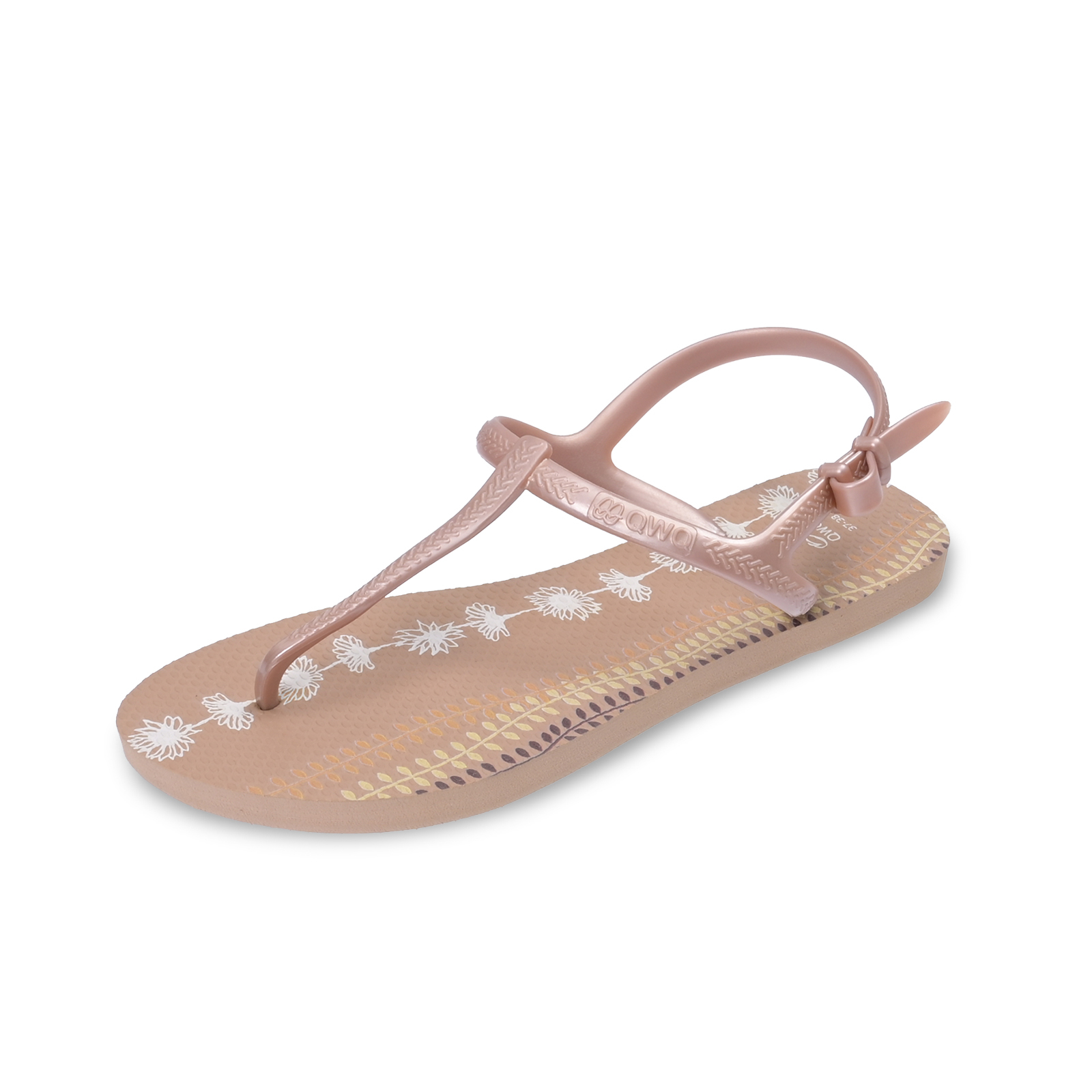 女款綁帶T字涼鞋 繽紛繪圖 Flora花與葉 薔薇金 腳型修長款