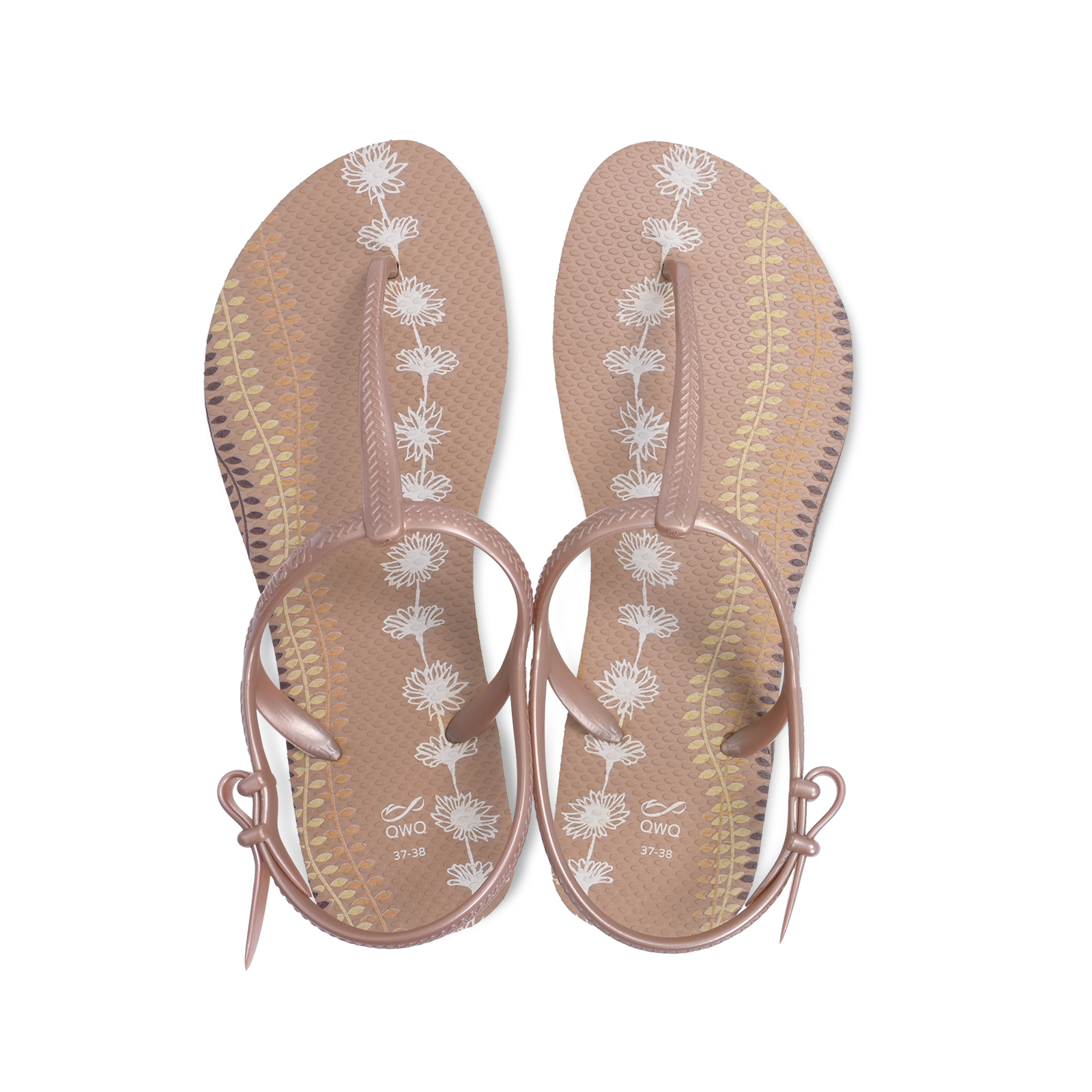 女款綁帶T字涼鞋 繽紛繪圖 Flora花與葉 薔薇金 腳型修長款