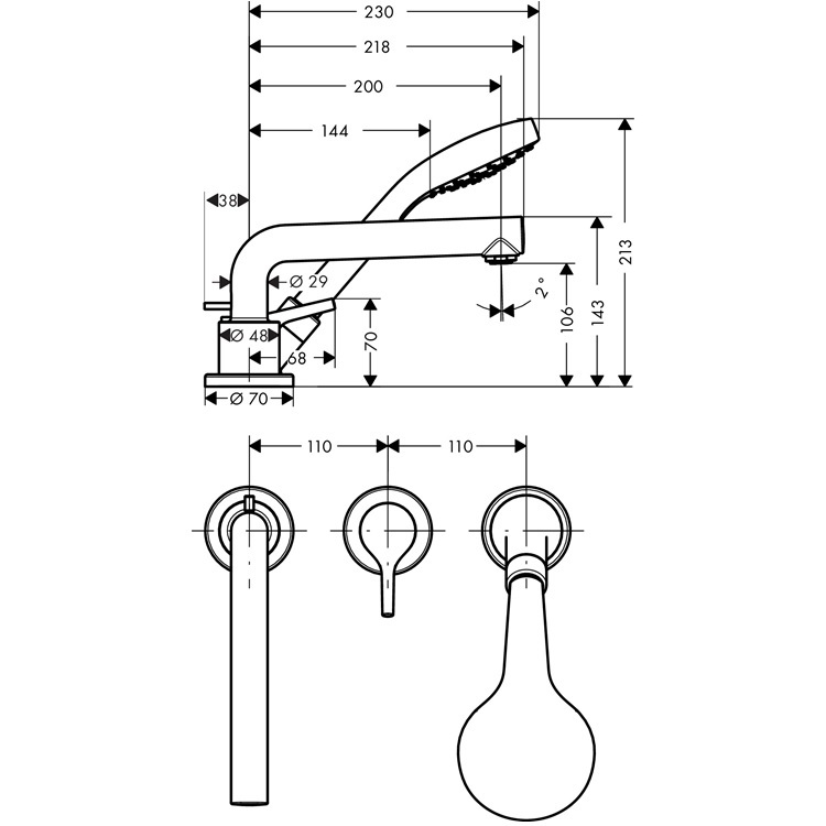 hansgrohe Talis S 72416, -000 + 13437, -180 3-hole rim mounted single lever bath mixer