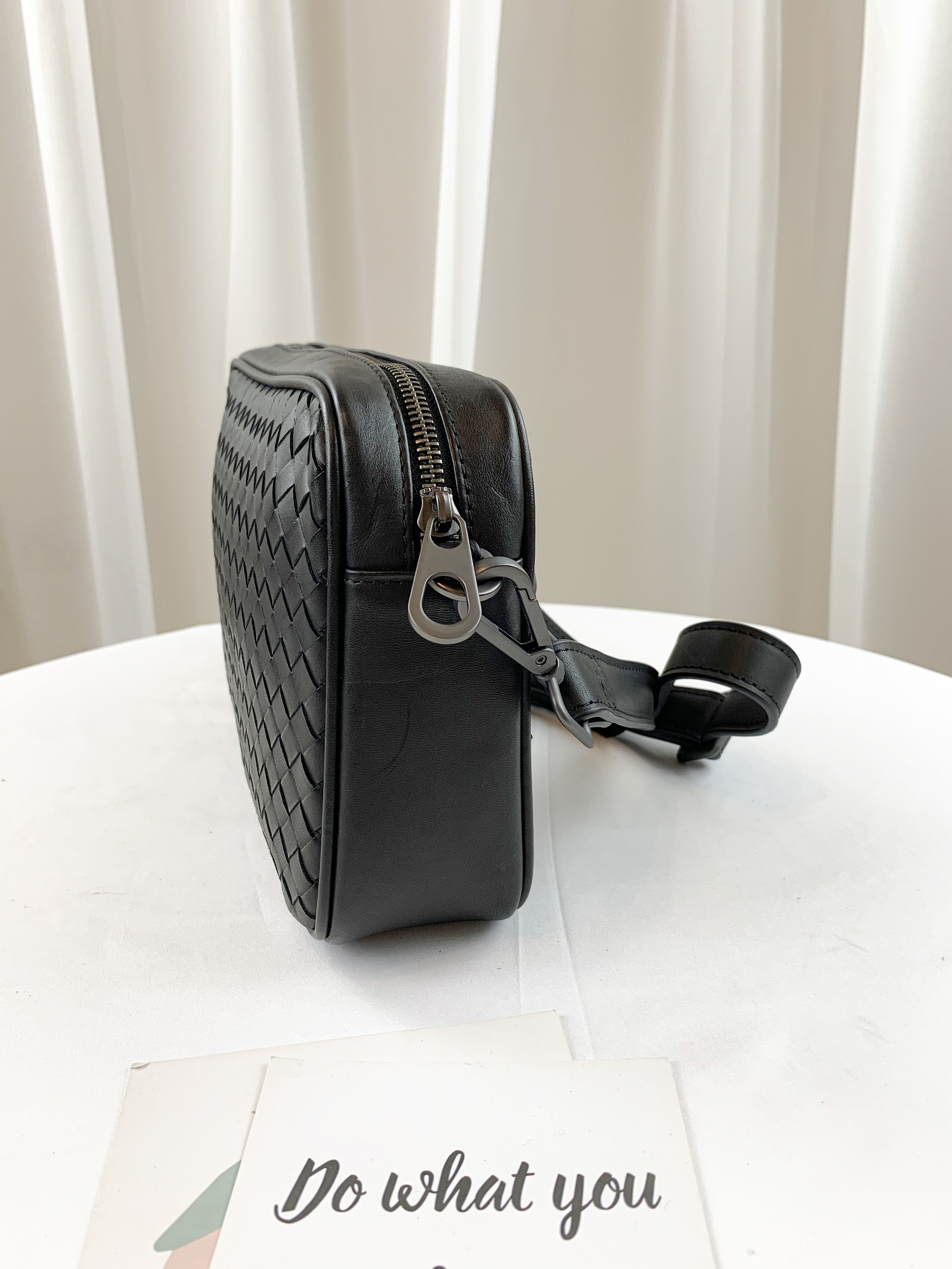 經典黑 編織真皮牛皮側背包  #SM-8061