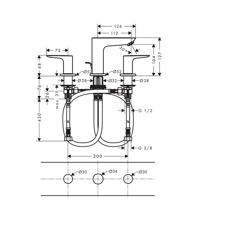 hansgrohe Talis E 71733, -000 3-hole basin mixer with pop-up waste set - With GA Approval & Wels