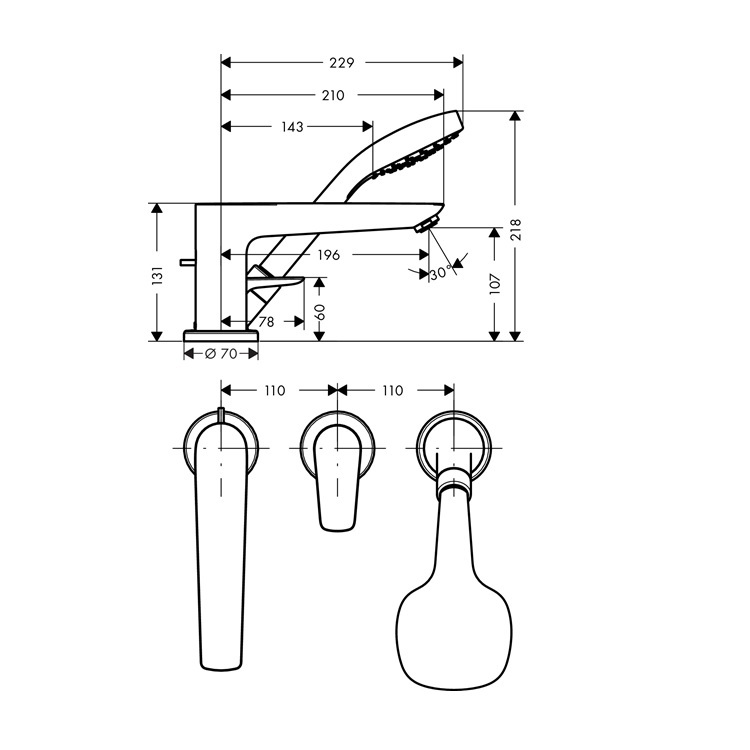 hansgrohe Talis E 71730, -000 + 13437, -180 3-hole rim mounted single lever bath mixer