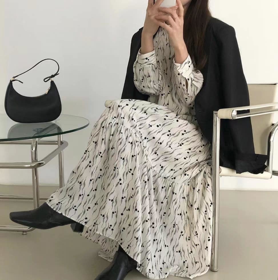 半領印花飄逸洋