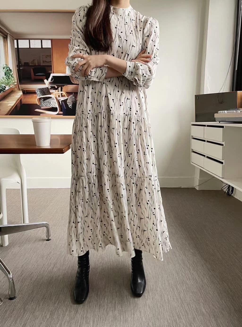 半領印花飄逸洋