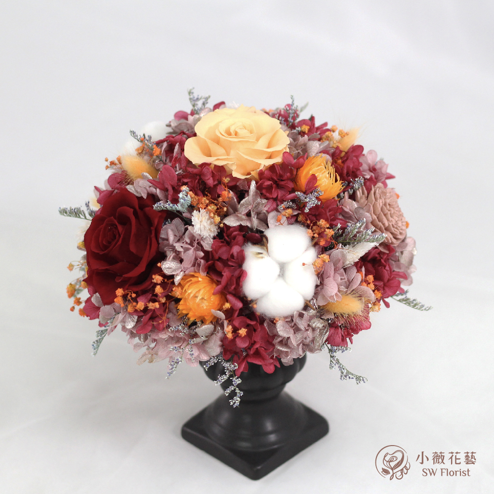 |歐式畢德邁爾圓形桌花-紅橙色系-開幕盆栽-永生花盆栽-大型|