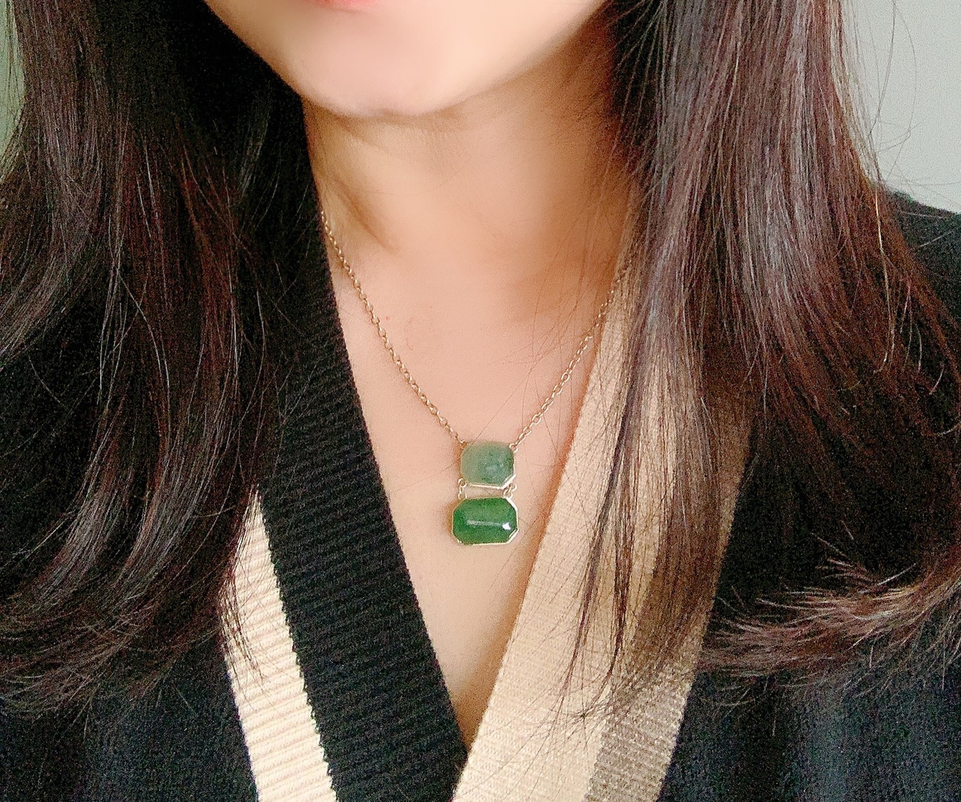 雙玉串串丨帶綠翡翠銀鑲製項鍊