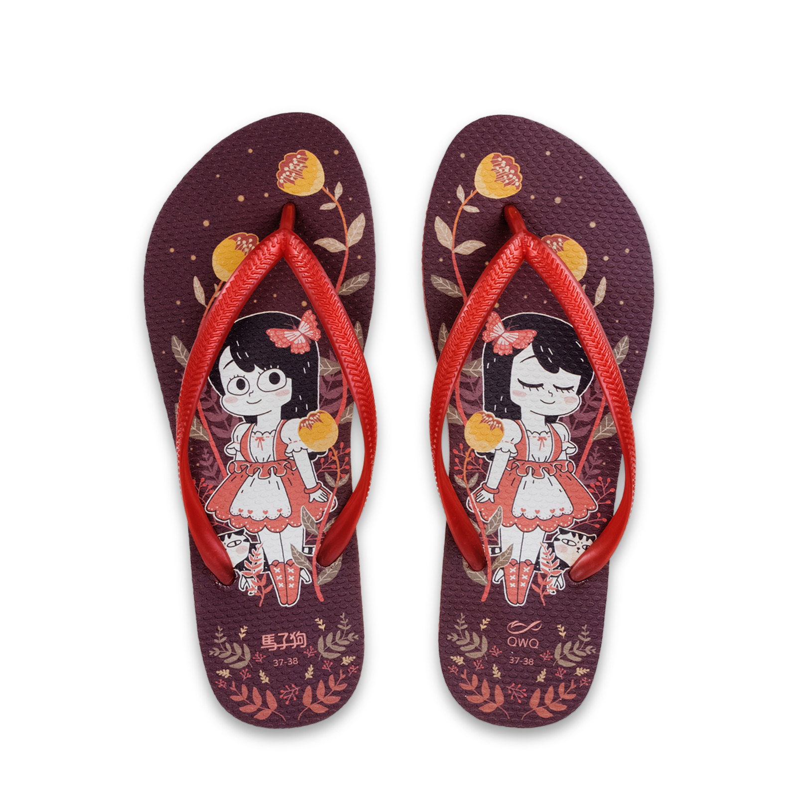 馬子狗 深色紅 女款細帶人字夾腳拖鞋 玫瑰紅