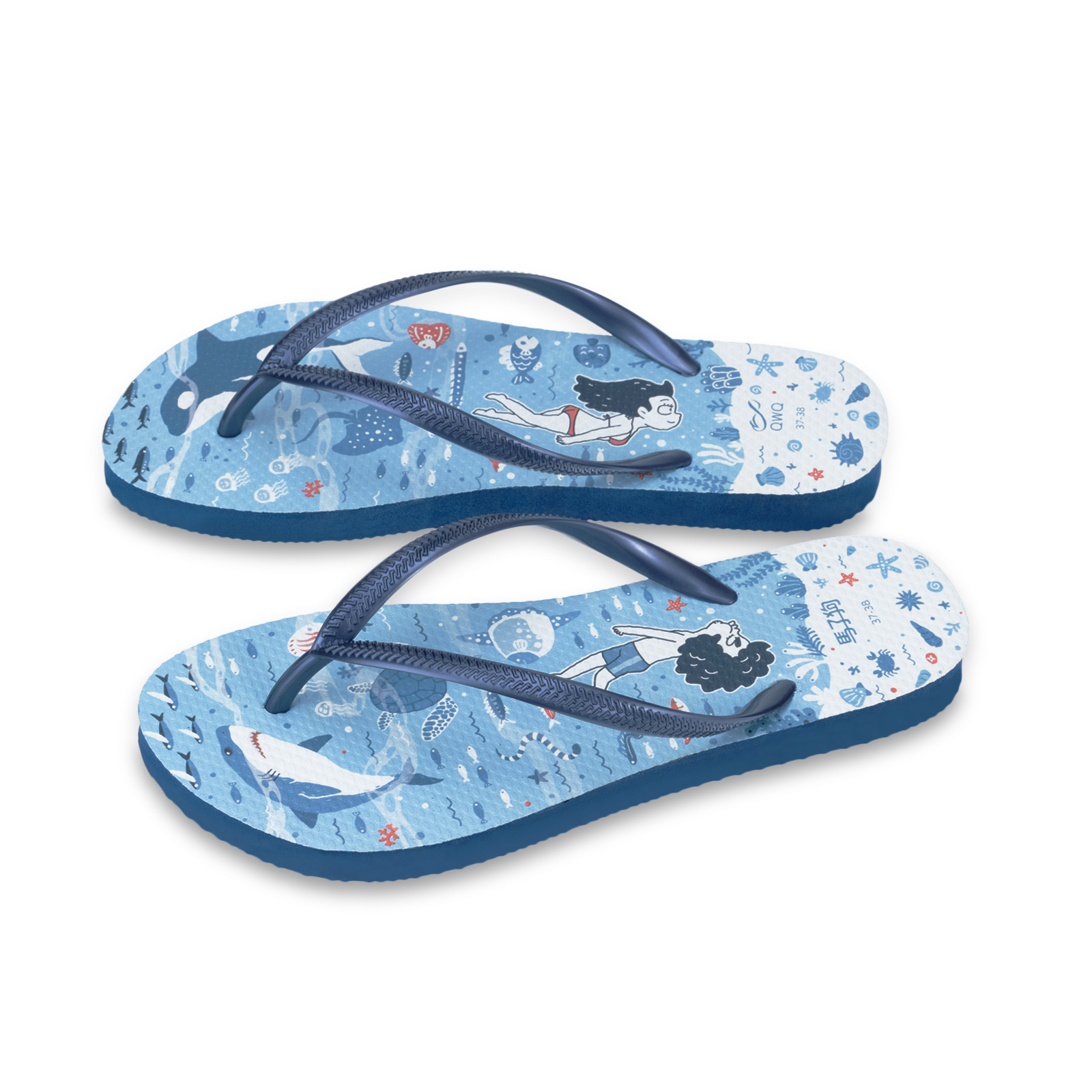 馬子狗 海洋潛水 女款細帶人字夾腳拖鞋 藏青藍