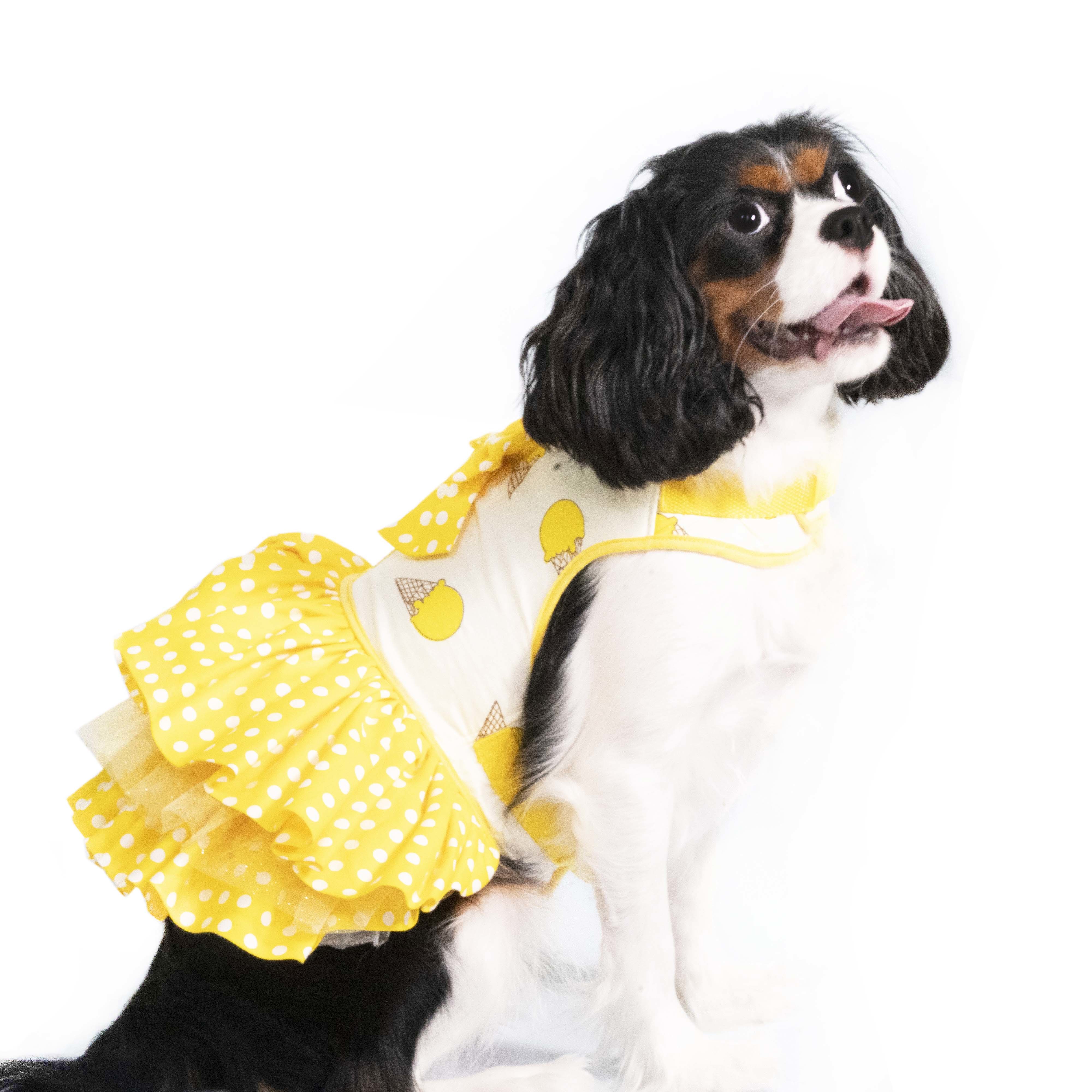 Lemon Ice Cream Polka Dot Harness Dress (excluded Dog Leash)