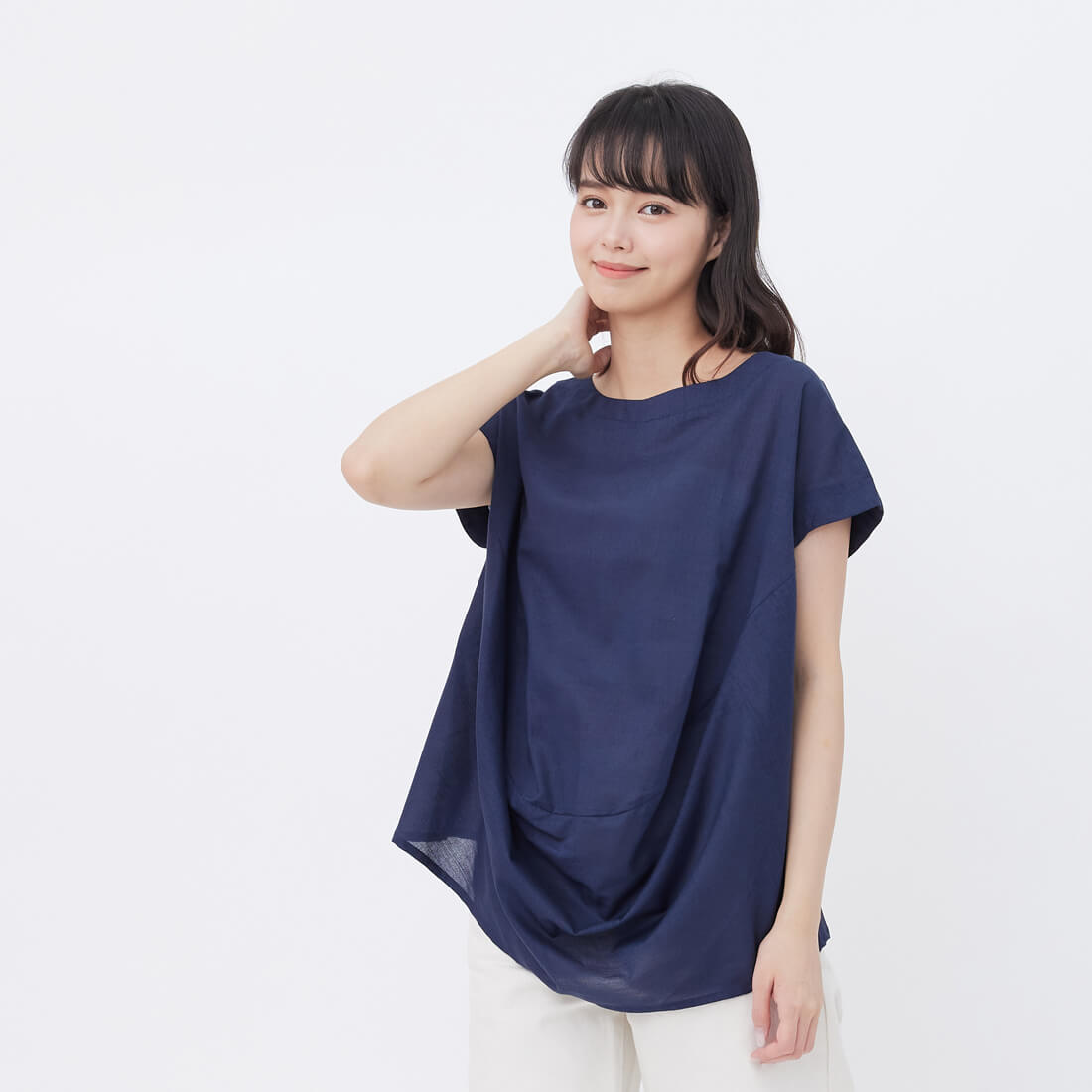 Hayla小蓋袖寬領垂墜涼感上衣/深藍