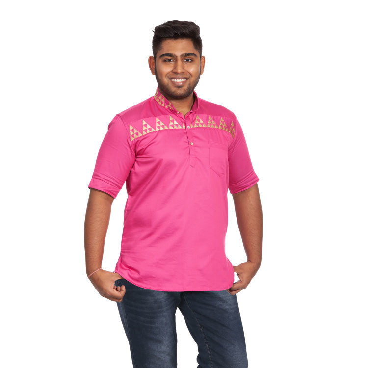 Men Pink Soft Polyester Silk Gold Foil Print Short Sleeves Kurta Shirt Q0972