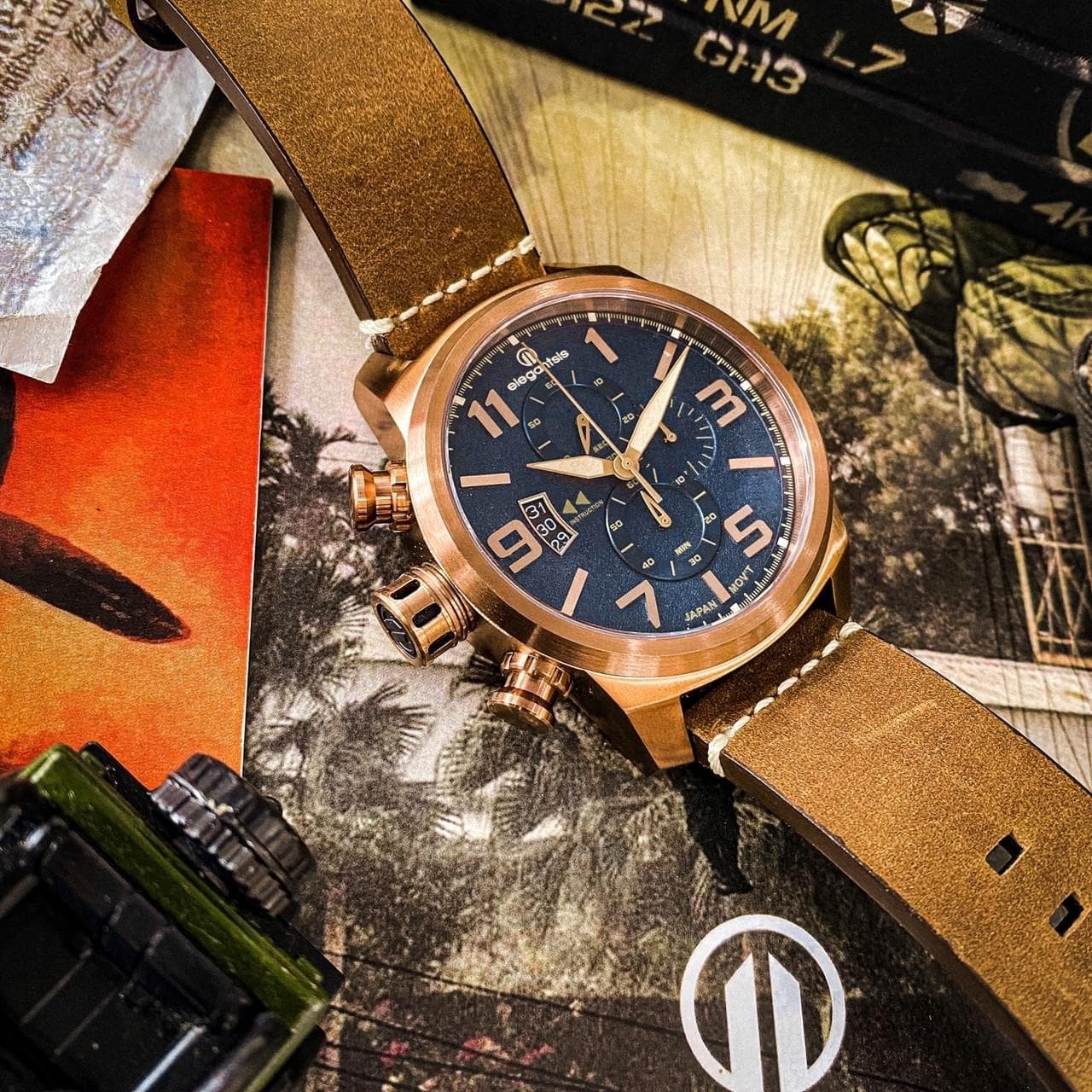 【elegantsis】復古軍事風復刻藍腕錶 淺咖  JT48MQS-OB01LC  45.5mm 現代鐘錶