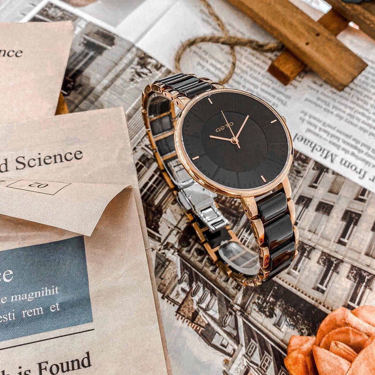 【GOTO】緣起不滅簡約半陶瓷腕錶-玫x黑  GS1040L-43-341 36mm 現代鐘錶