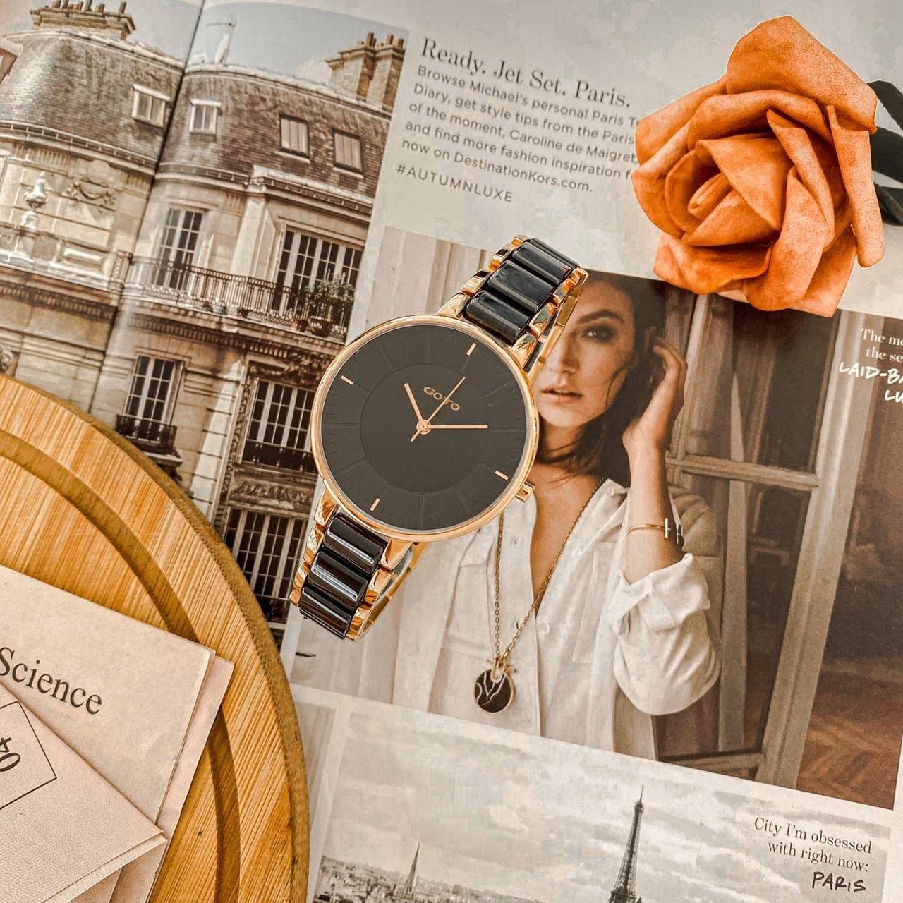 【GOTO】緣起不滅簡約半陶瓷腕錶-玫x黑  GS1040L-43-341 36mm 現代鐘錶