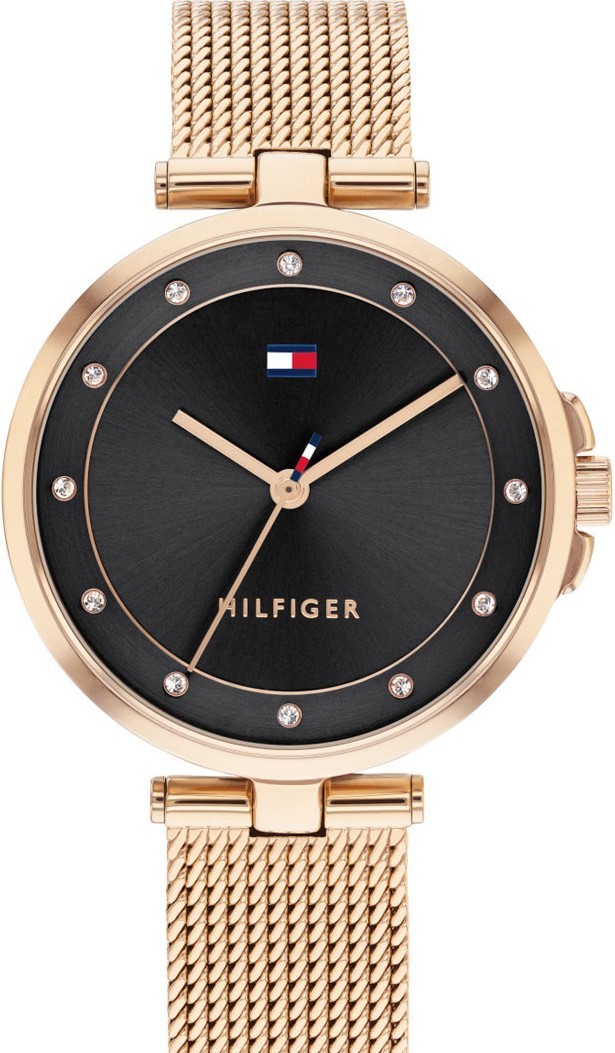 萬年鐘錶 - Tommy Hilfiger    玫瑰金黑面晶鑽米蘭錶帶女錶  1782376 錶徑38MM