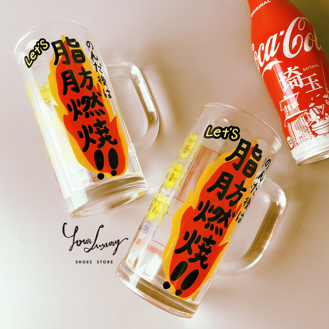 【Luxury】 日本好物 のんだ後は 脂肪燃焼🔥 燃燒 把手啤酒杯 玻璃杯 啤酒杯 日式啤酒杯 杯子 居酒屋 酒杯