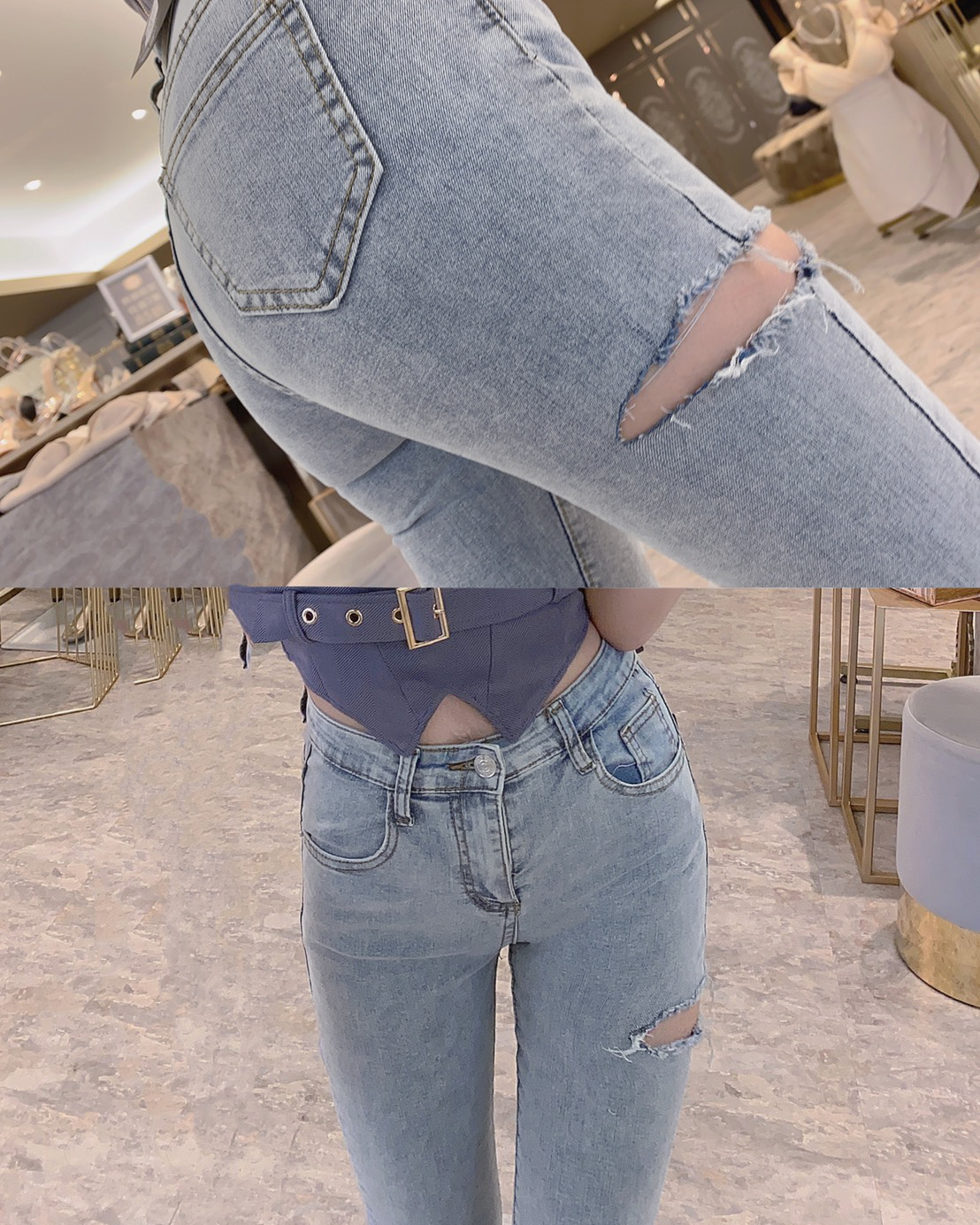 百搭淺色刷破合身牛仔褲