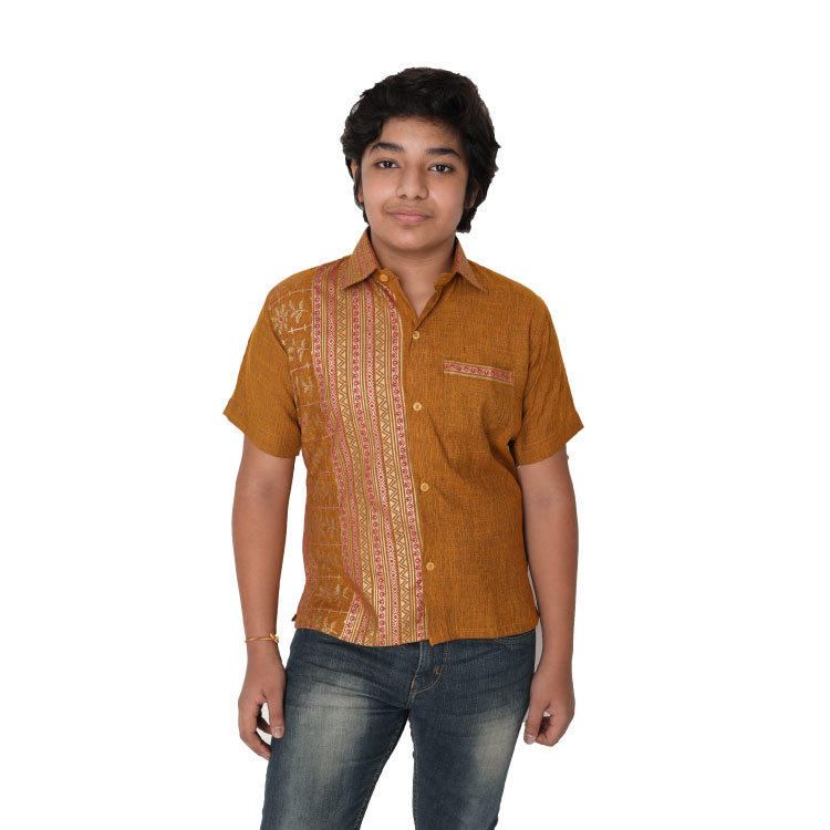 Boy Diamond Slub Gold Print Kurta Shirt With Chest Pocket Q1420