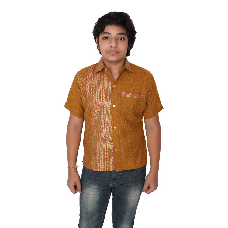 Boy Diamond Slub Gold Print Kurta Shirt With Chest Pocket Q1420