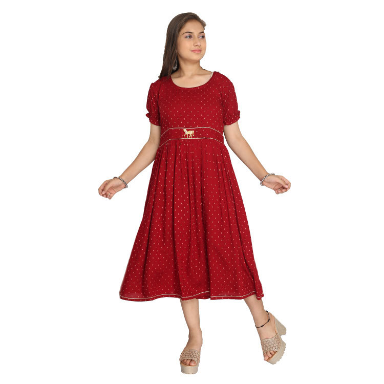 Girl Red Embroidered Thousand Butta Premium Kurti Dress Q1413