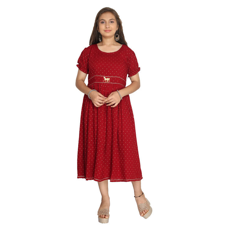 Girl Red Embroidered Thousand Butta Premium Kurti Dress Q1413