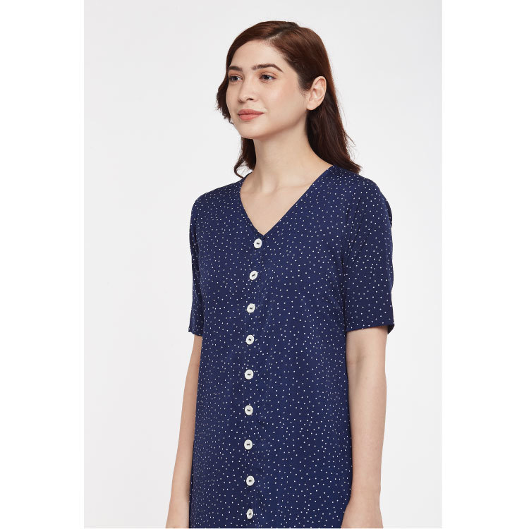 Women Navy Blue Cotton Silk Mid Kurti Dress Q1407