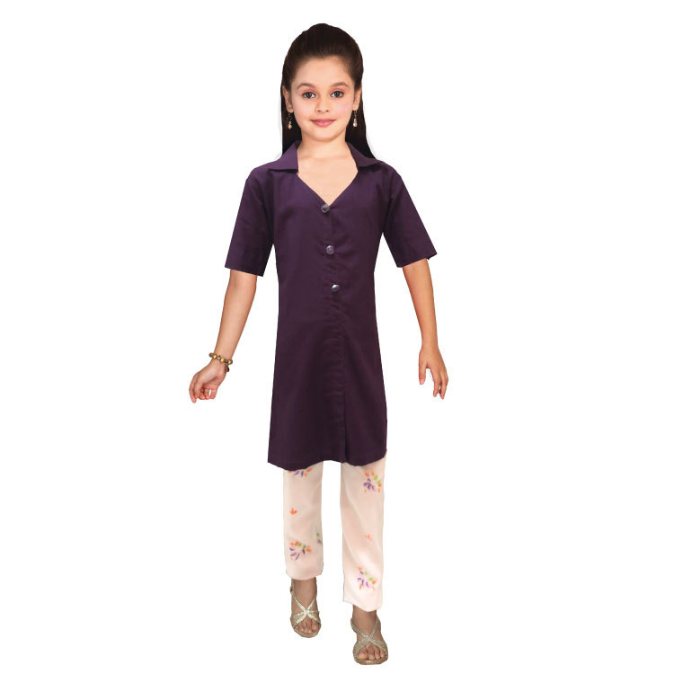 Girl Purple Cotton Kurti Top set With Pants Q1123
