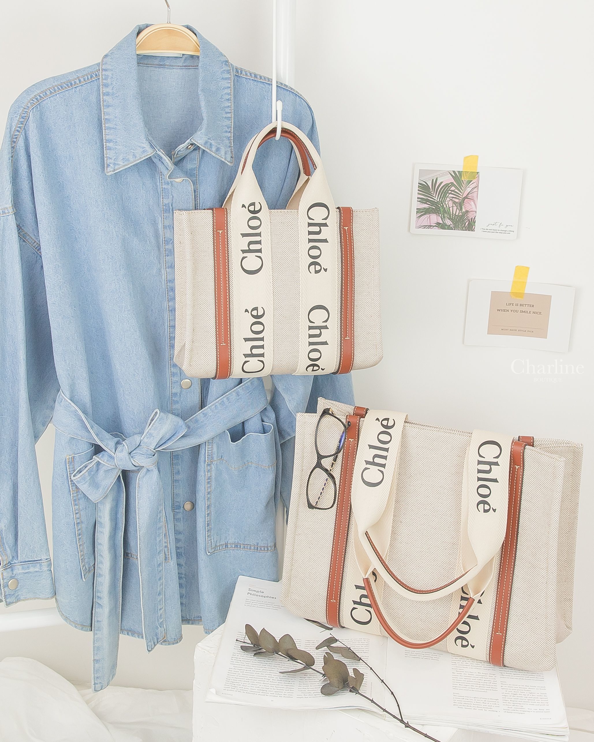 Chloe Tote 米白色帆布拼棕色皮革黑Logo小型提把托特包,Chloe Tote 米白色帆布拼棕色皮革黑Logo中型提把托特包,Chanel Eyeglasses 黑色方框側邊皮穿金鍊CC平光眼鏡-Charline Boutique 精品代購