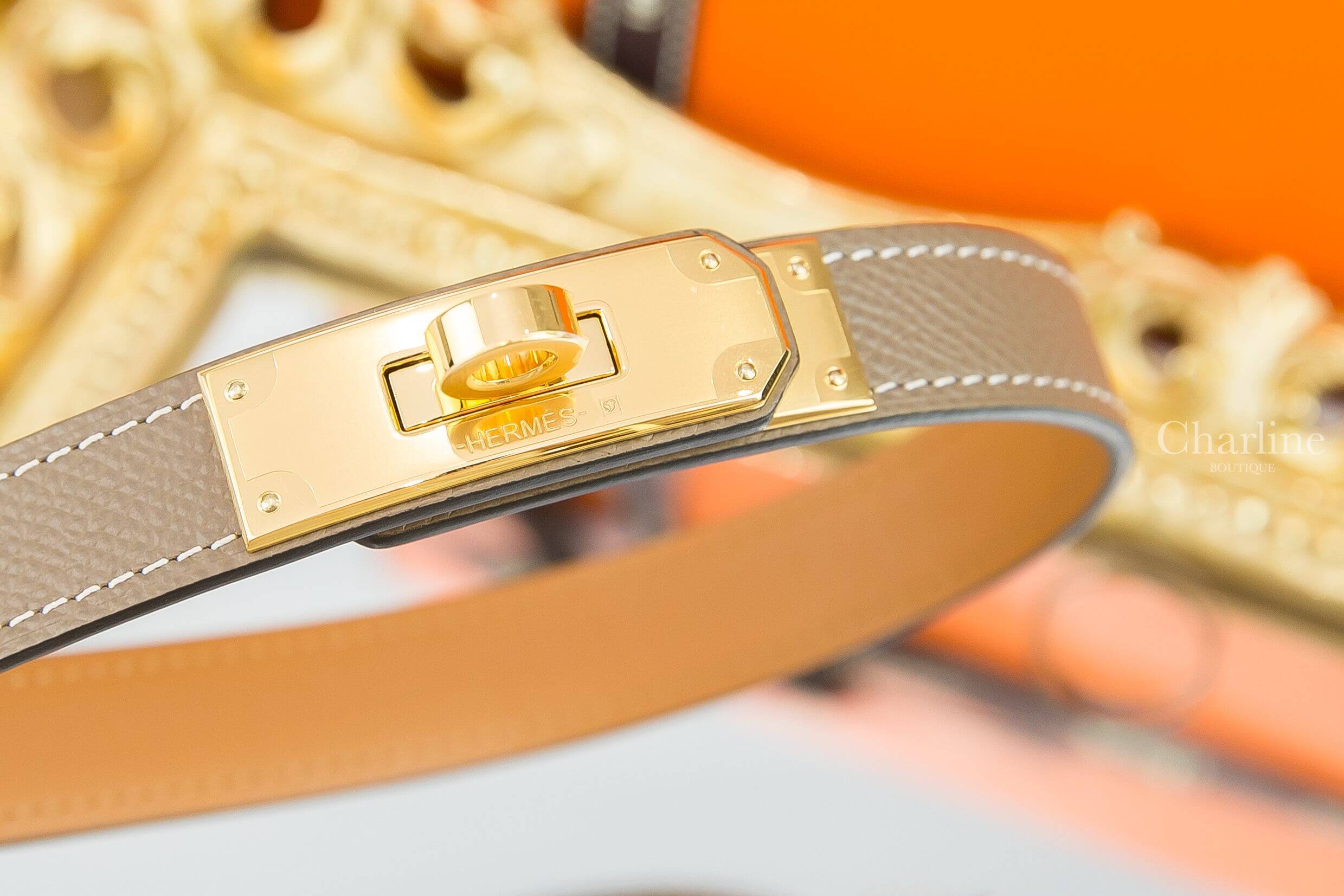 Hermes Kelly 18 Belt 大象灰小牛皮金扣可調式皮帶