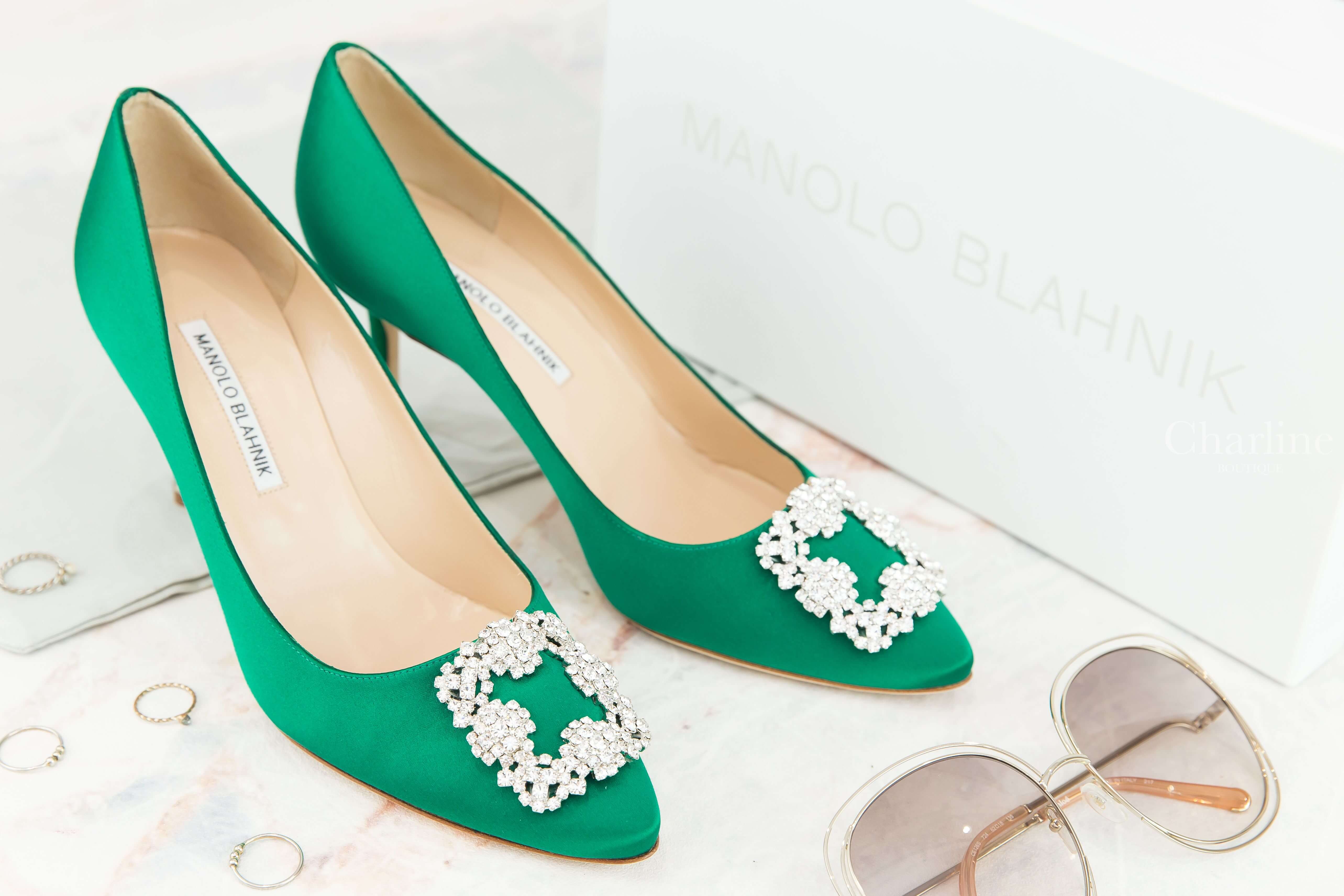 Manolo Blahnik Hangisi 綠色絲綢銀色鑲鑽方釦7cm細跟高跟鞋-Charline Boutique 精品代購