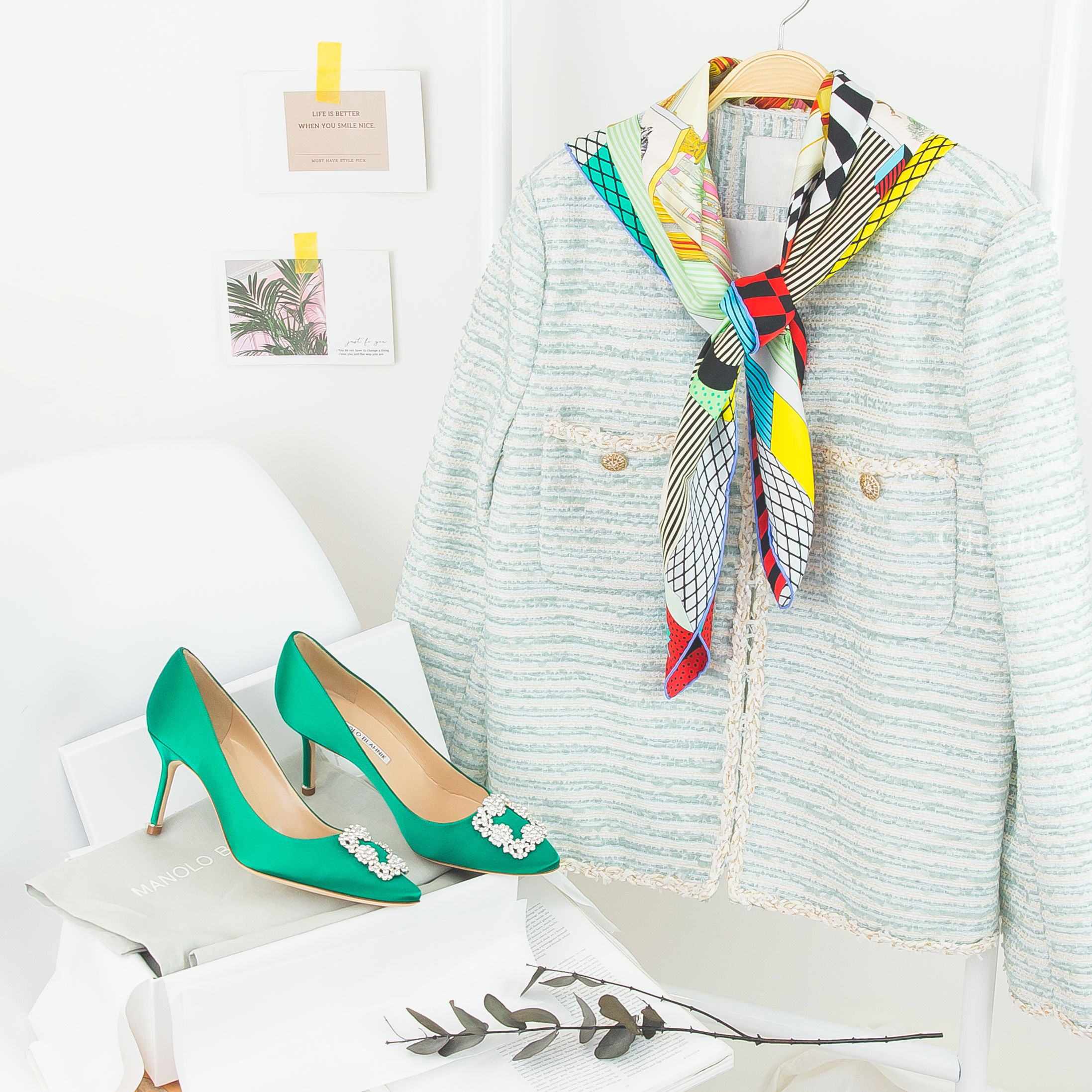 Manolo Blahnik Hangisi 綠色絲綢銀色鑲鑽方釦7cm細跟高跟鞋-Charline Boutique 精品代購
