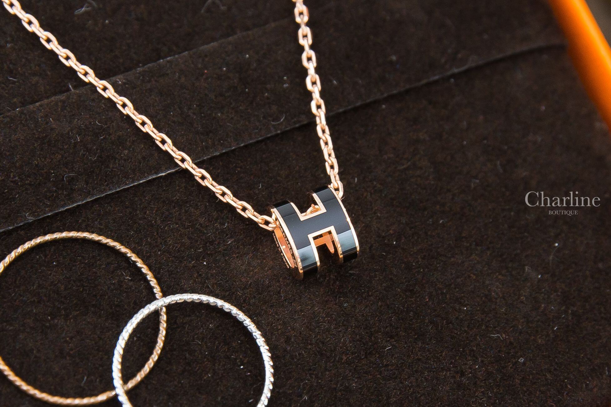 Hermès Mini Pop H Pendant 黑色迷你珐瑯鍍玫瑰金簍空橢圓項鍊
