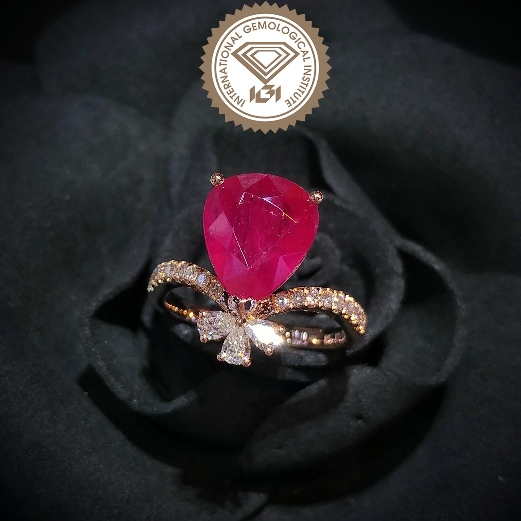 18K Rose Gold 5.13ct Pear Shaped Ruby and Diamond Ring