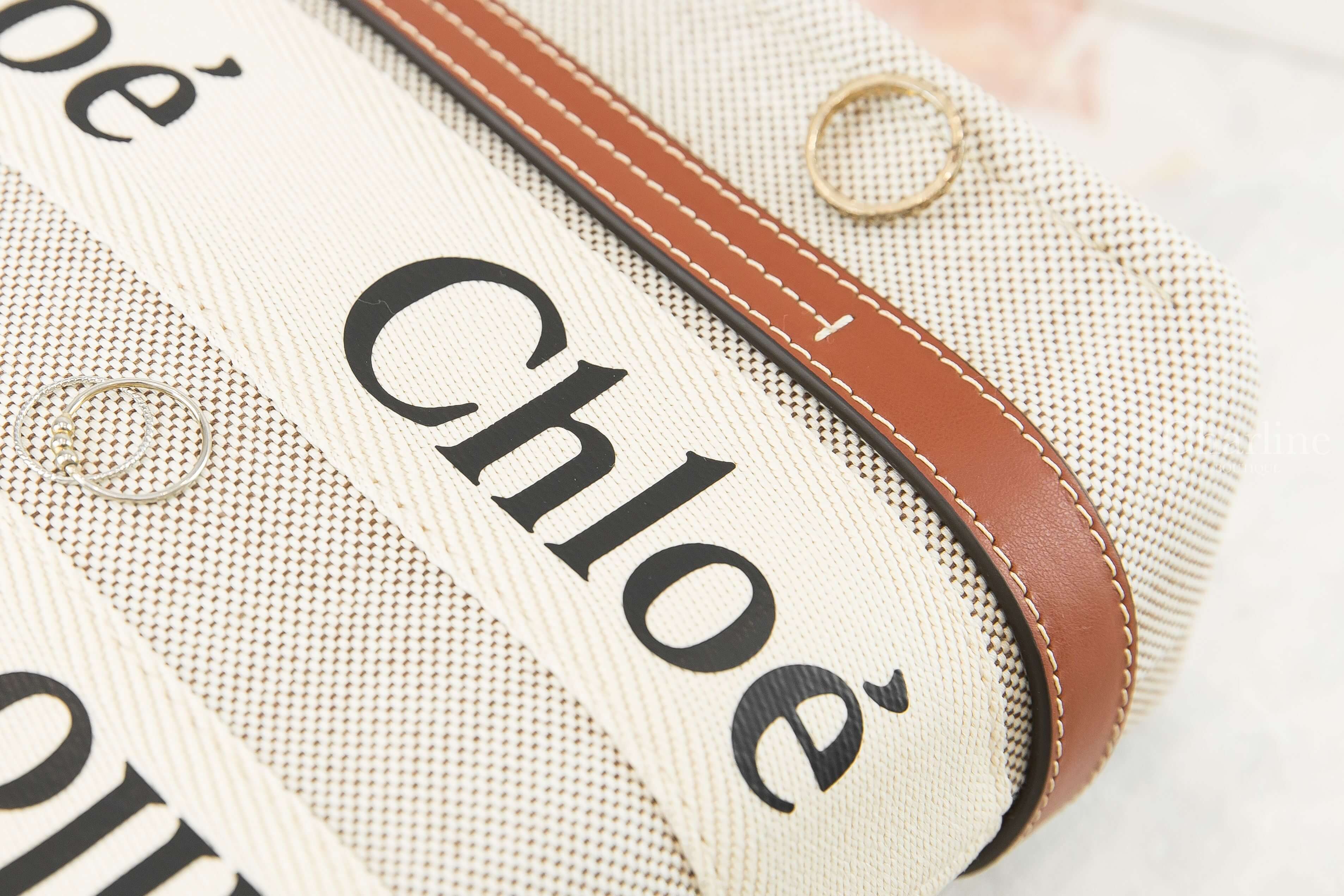 Chloe Small Woody Tote Bag 米白色帆布拼棕色皮革黑Logo小型提把托特包