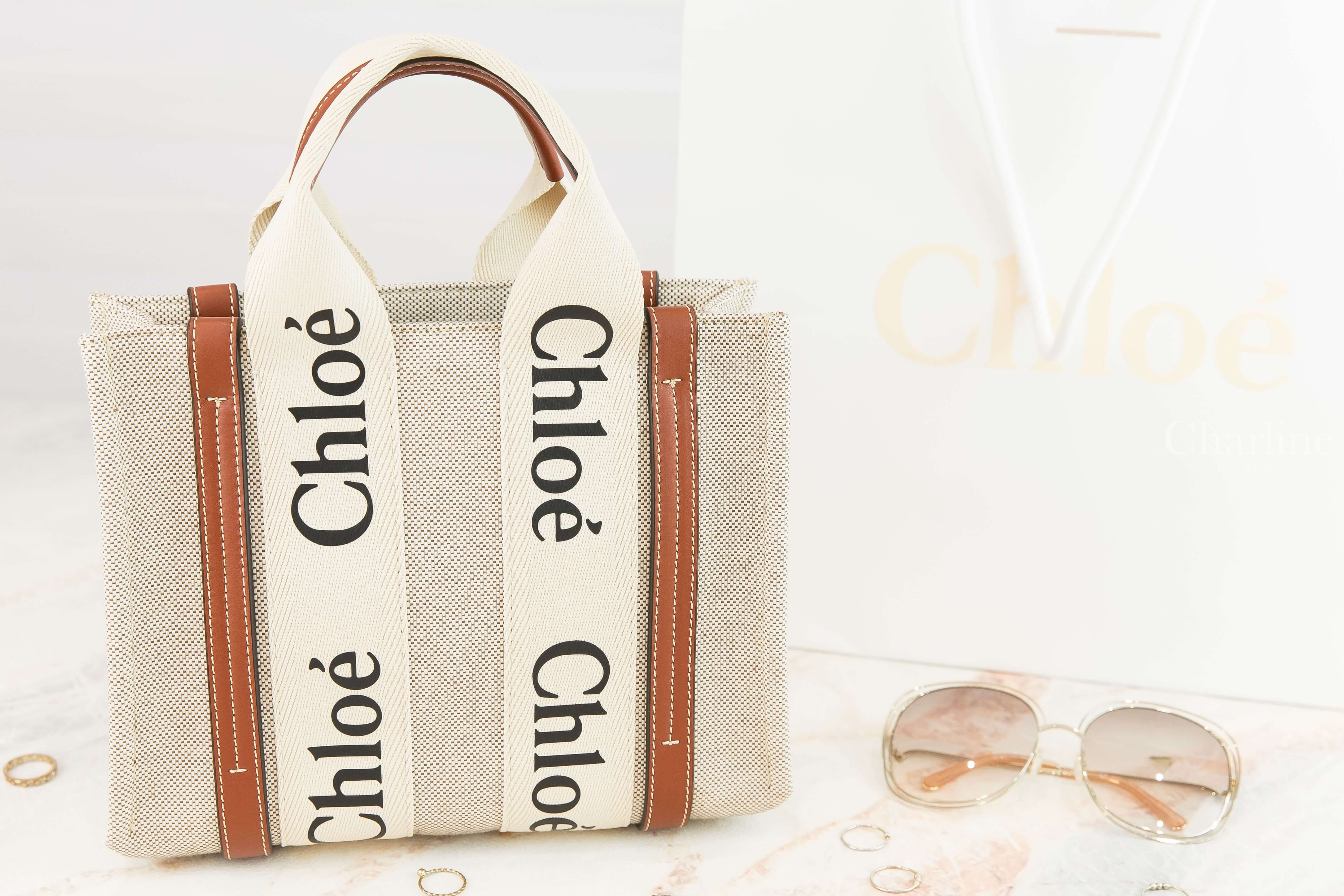 Chloe Small Woody Tote Bag 米白色帆布拼棕色皮革黑Logo小型提把托特包
