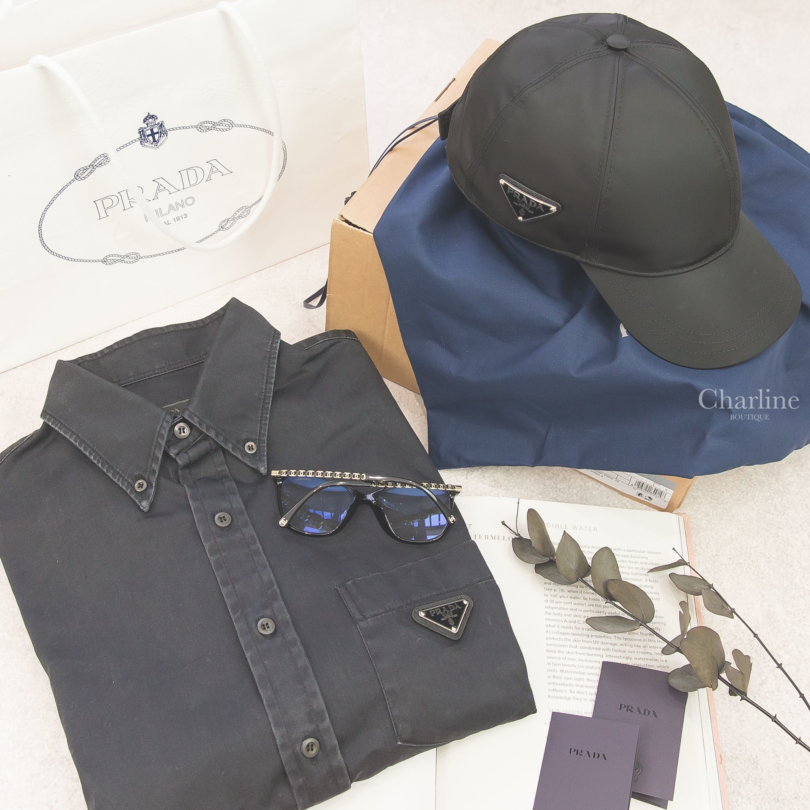 Prada Nylon Cap 黑色三角銀字Logo尼龍漁夫帽,Chanel Square Eyeglasses 黑色方框側邊皮穿金鍊CC平光眼鏡-Charline Boutique 精品代購