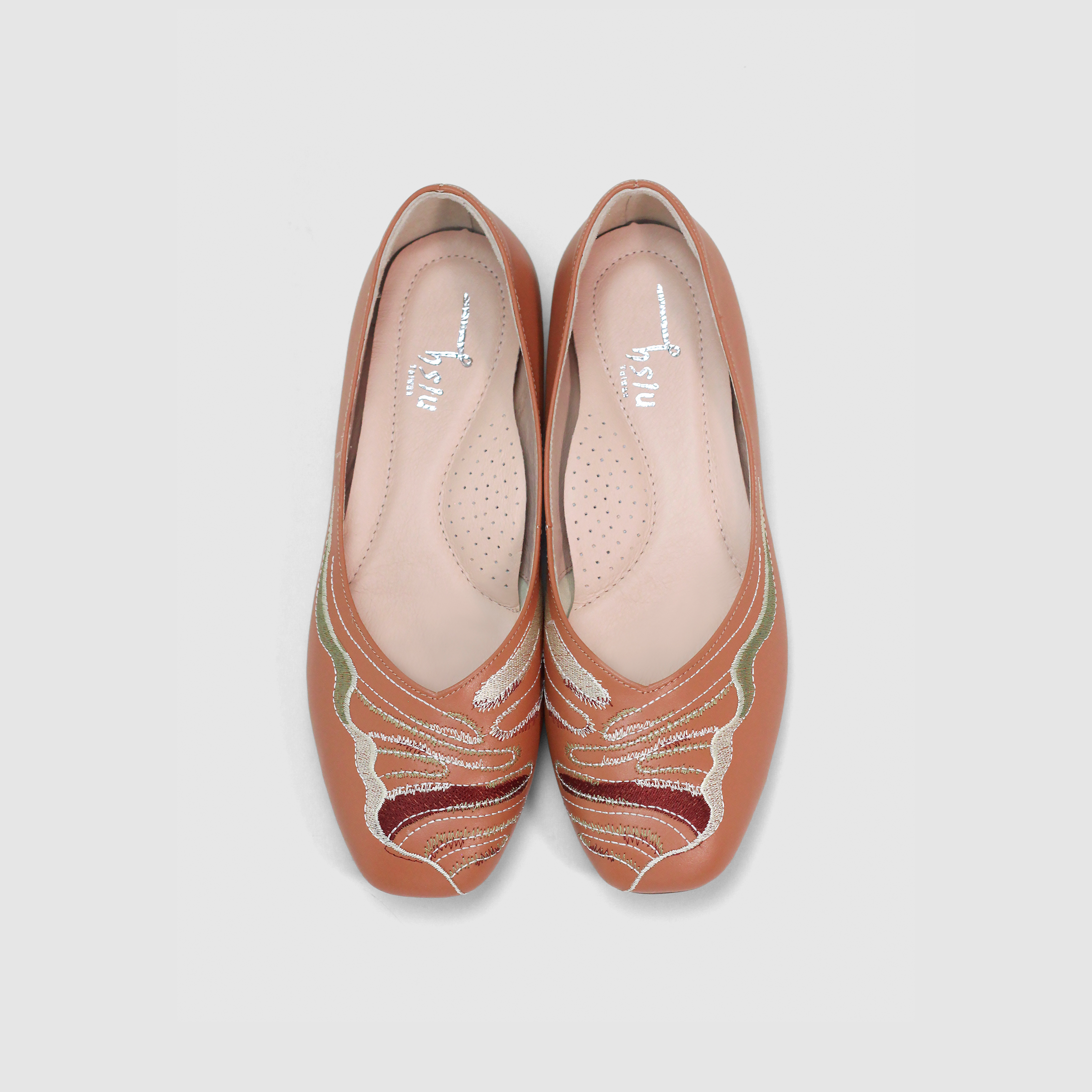 刺繡方頭平底鞋｜葉葉(橘棕)