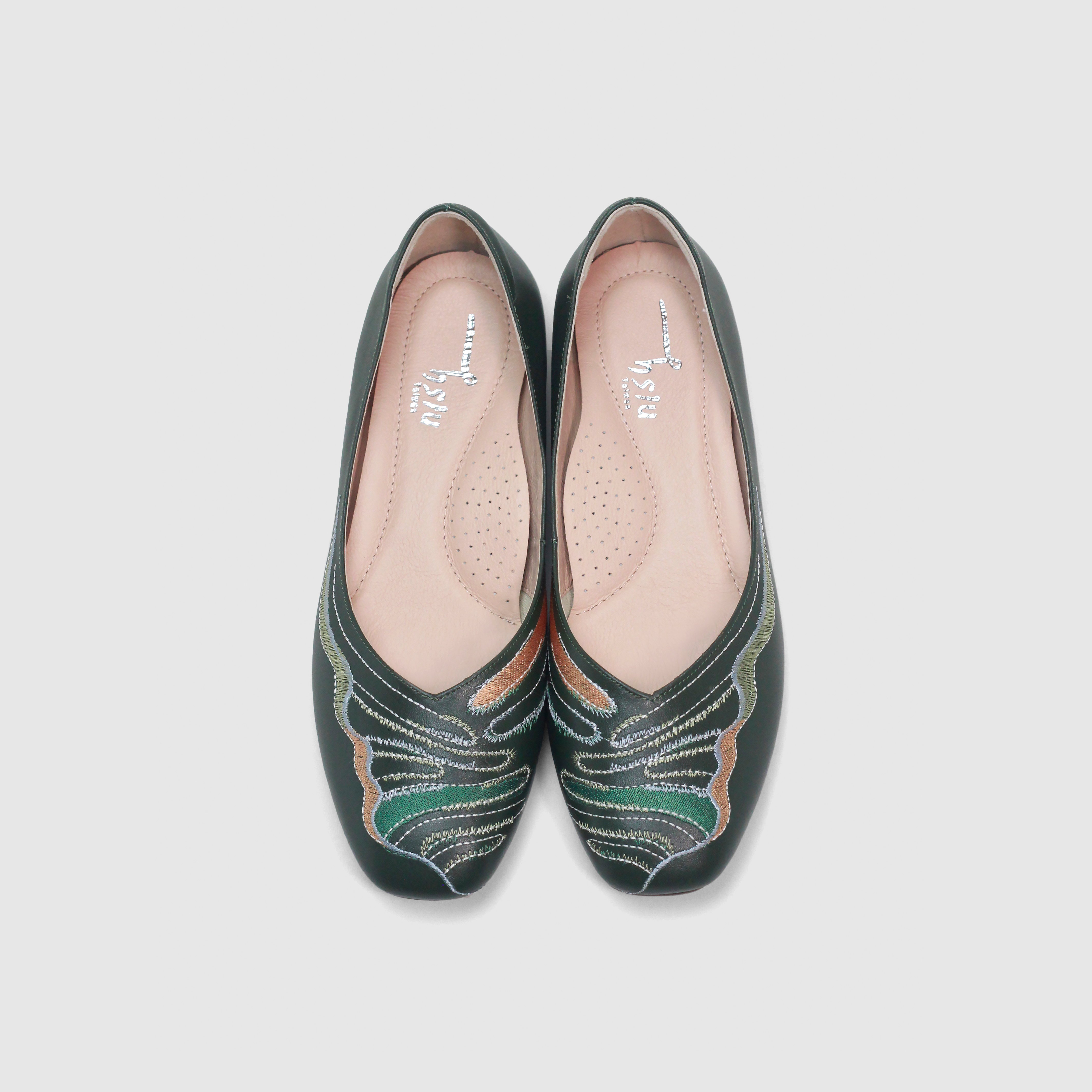 刺繡方頭平底鞋｜葉葉(墨綠)