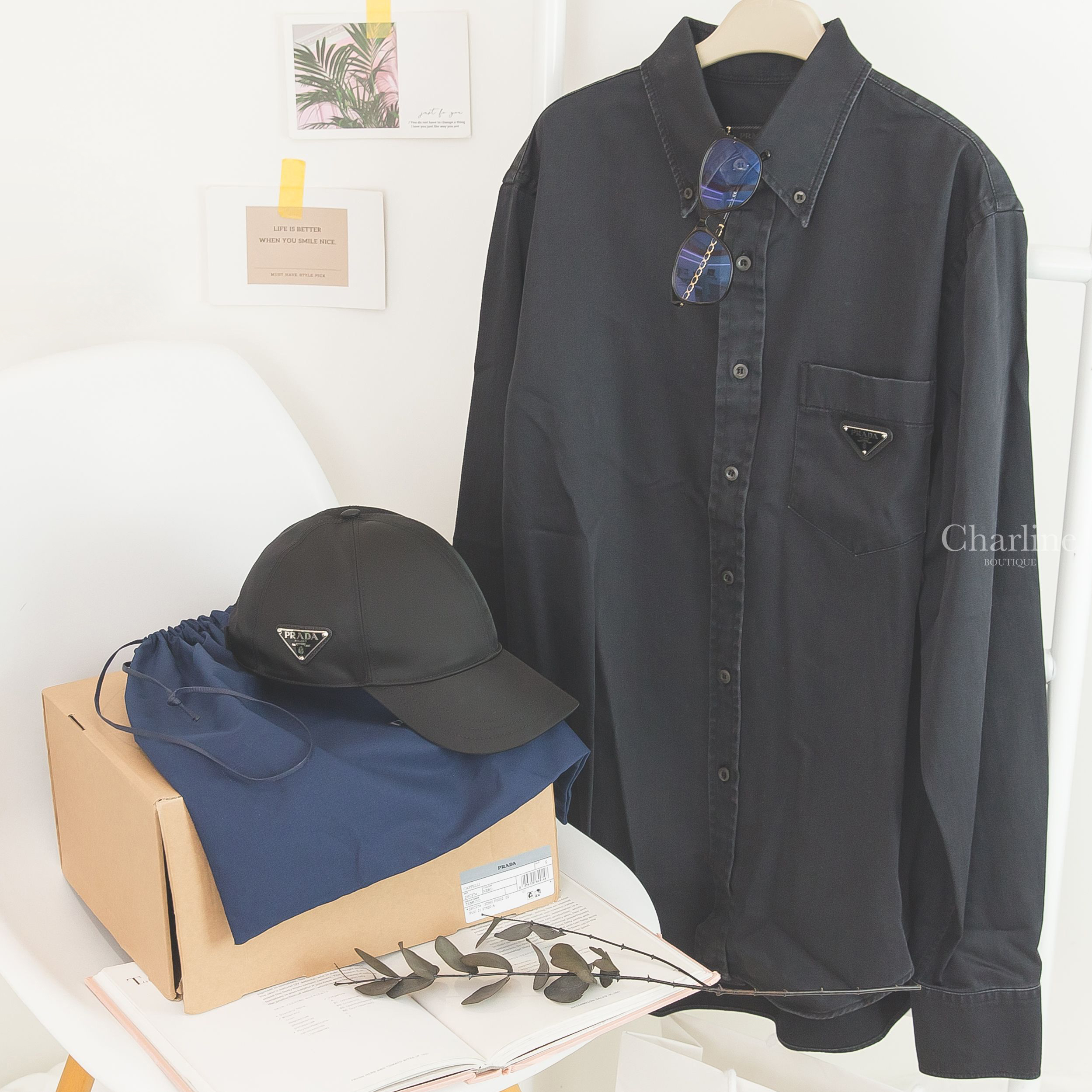 Prada Nylon Cap 黑色三角銀字Logo尼龍漁夫帽,Chanel Square Eyeglasses 黑色方框側邊皮穿金鍊CC平光眼鏡-Charline Boutique 精品代購