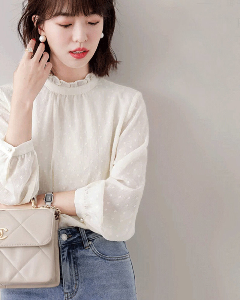 花邊領金絲透膚雪紡上衣 兩色