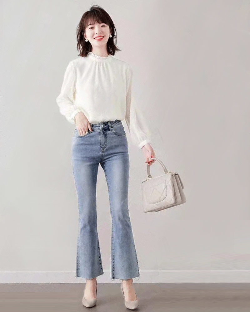 DEER.W 花邊領金絲透膚雪紡上衣 白